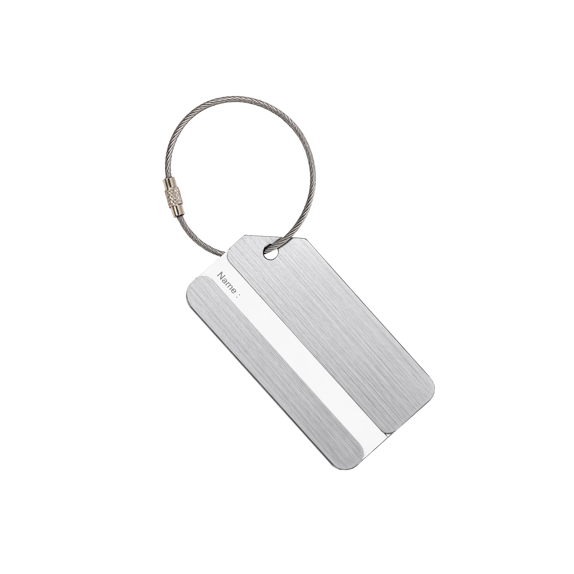 A brushed aluminium luggage tag with a silver finish and a metal wire attachment for secure fastening.