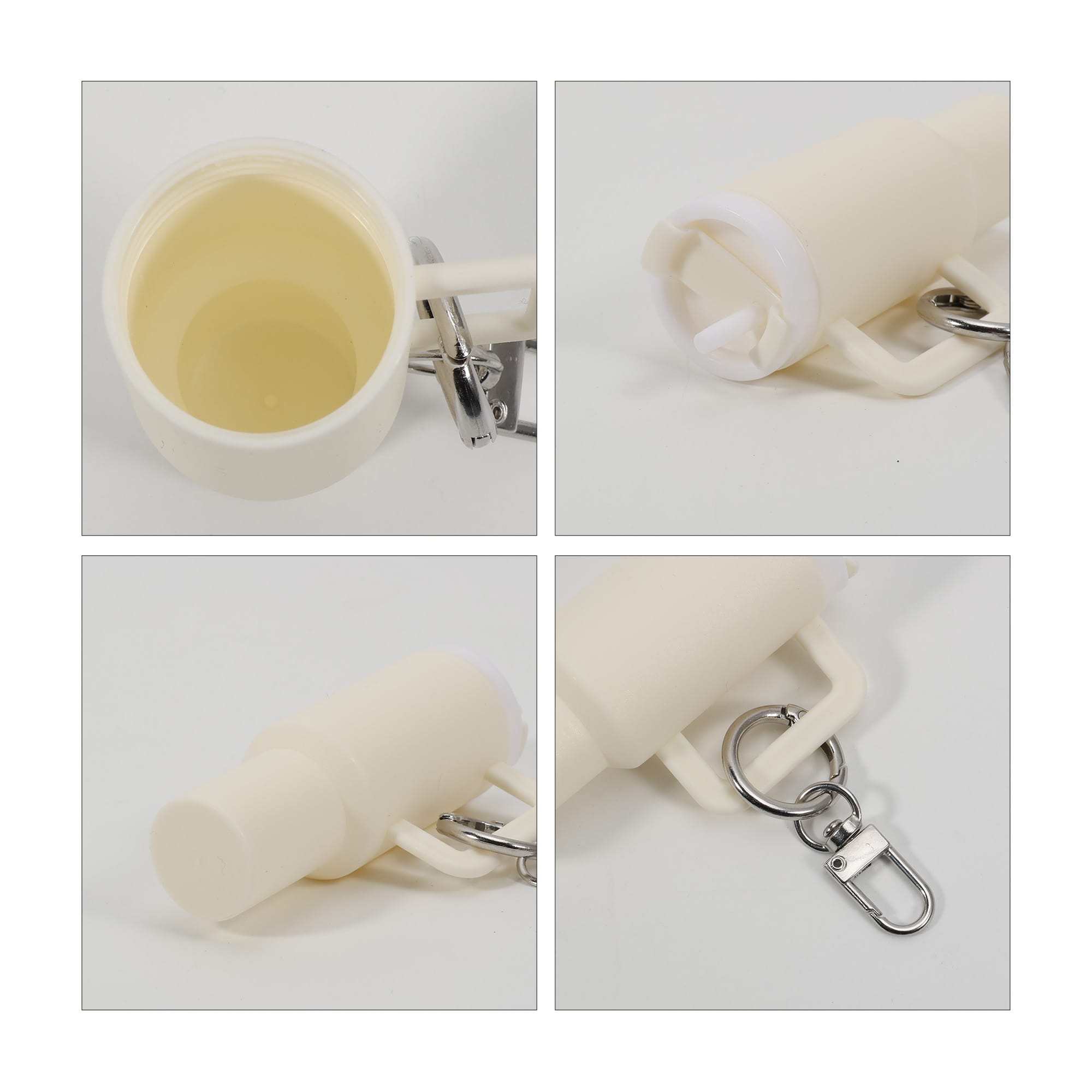 A mini tumbler keyring in white with a silver keyring attachment. Features an inner compartment.