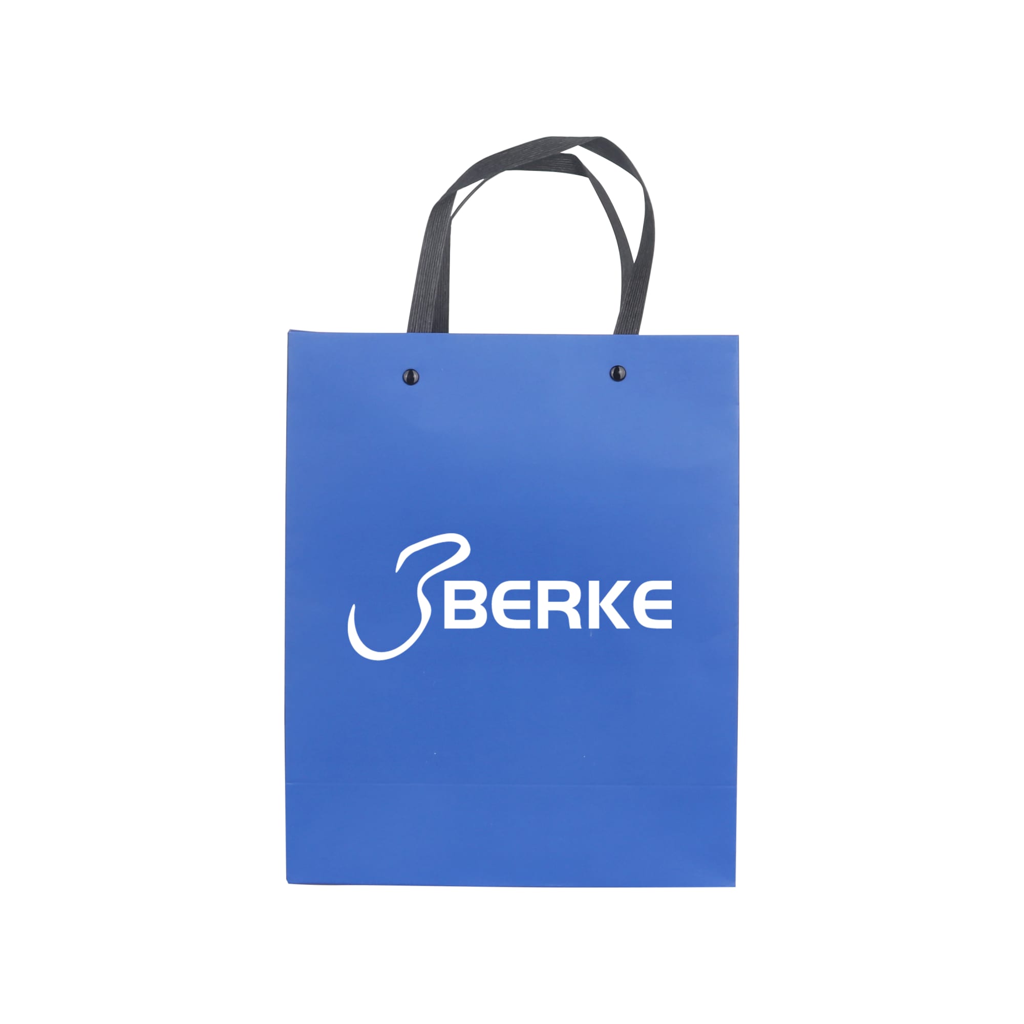 A blue knitted handle bag with lamination, featuring a black handle and a logo. Dimensions: 220x270x100mm.