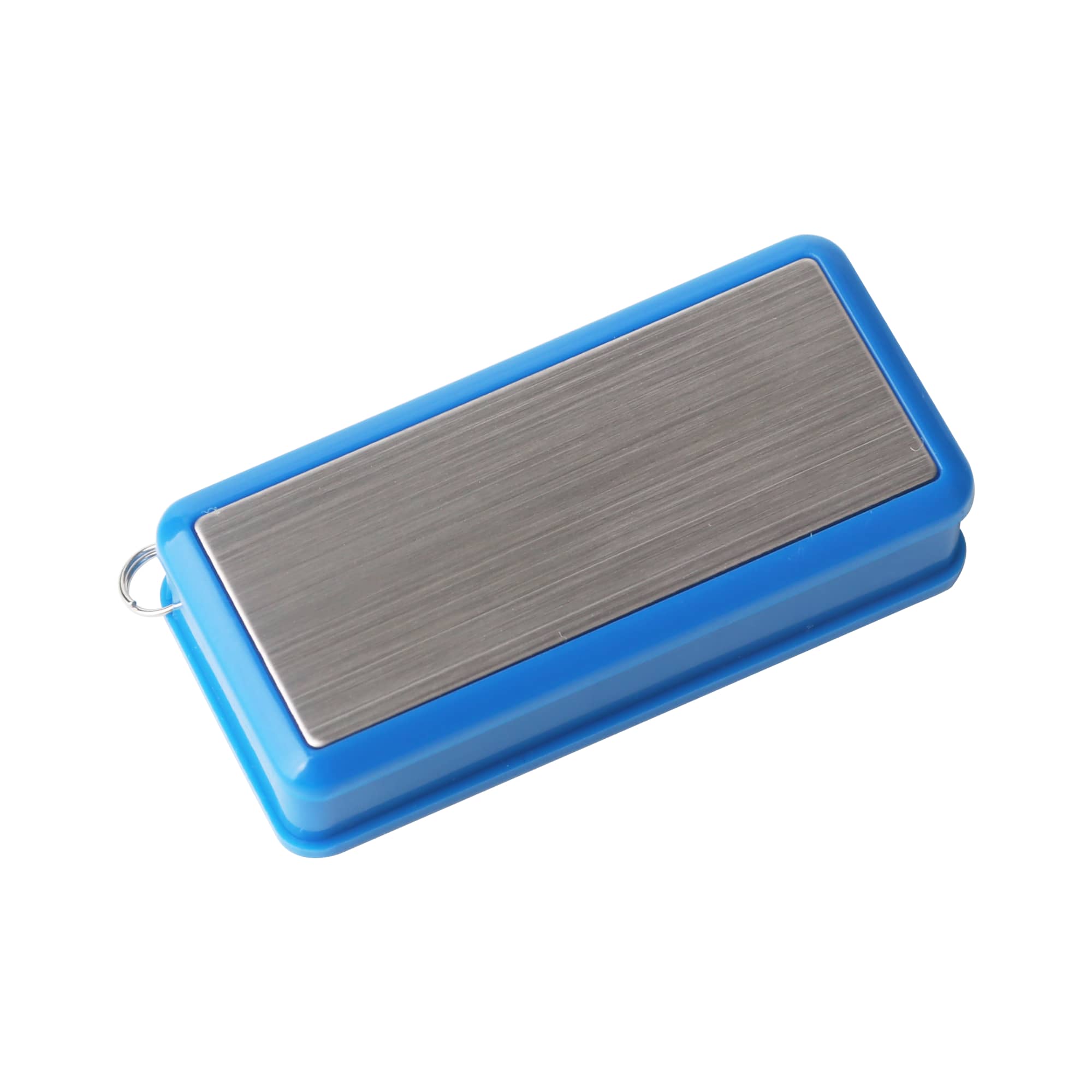 A blue and silver 360 degree rotating flash drive featuring a metallic surface and a loop for attachment.