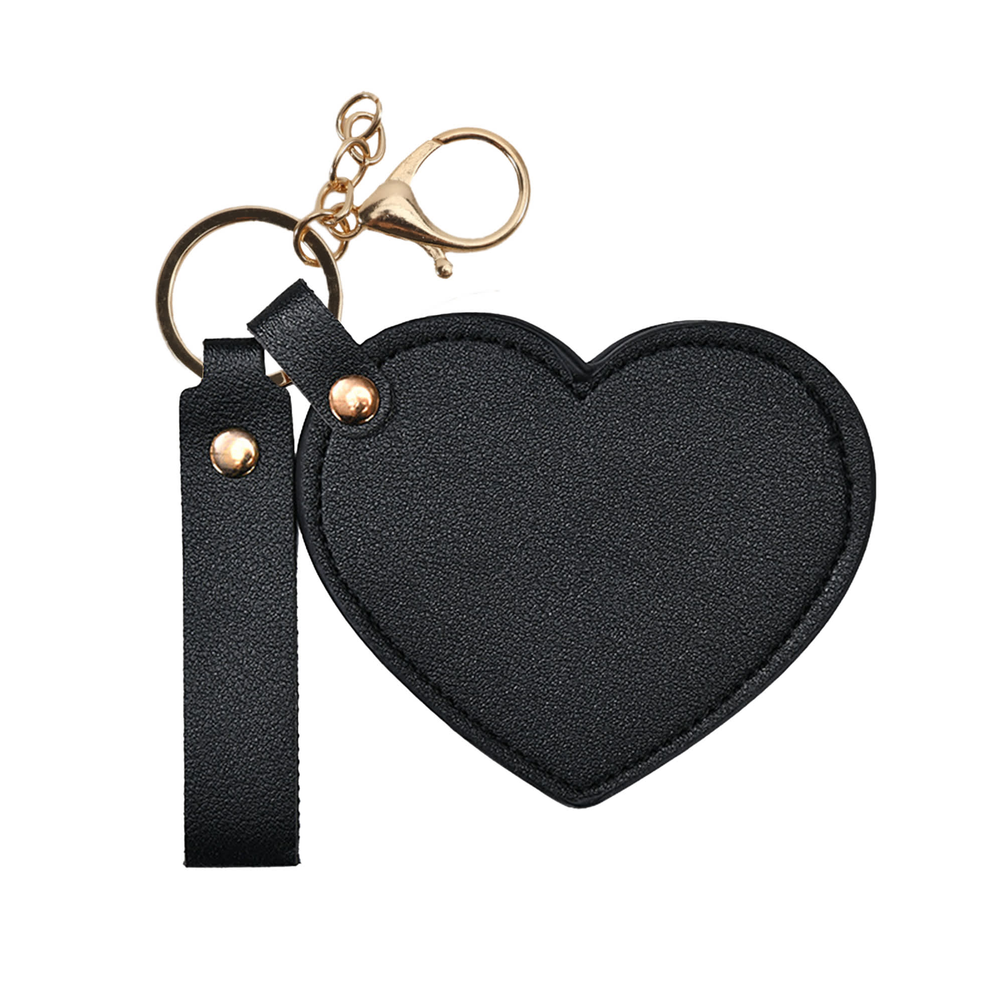 A heart-shaped black compact mirror with a keychain attachment and a gold clasp.