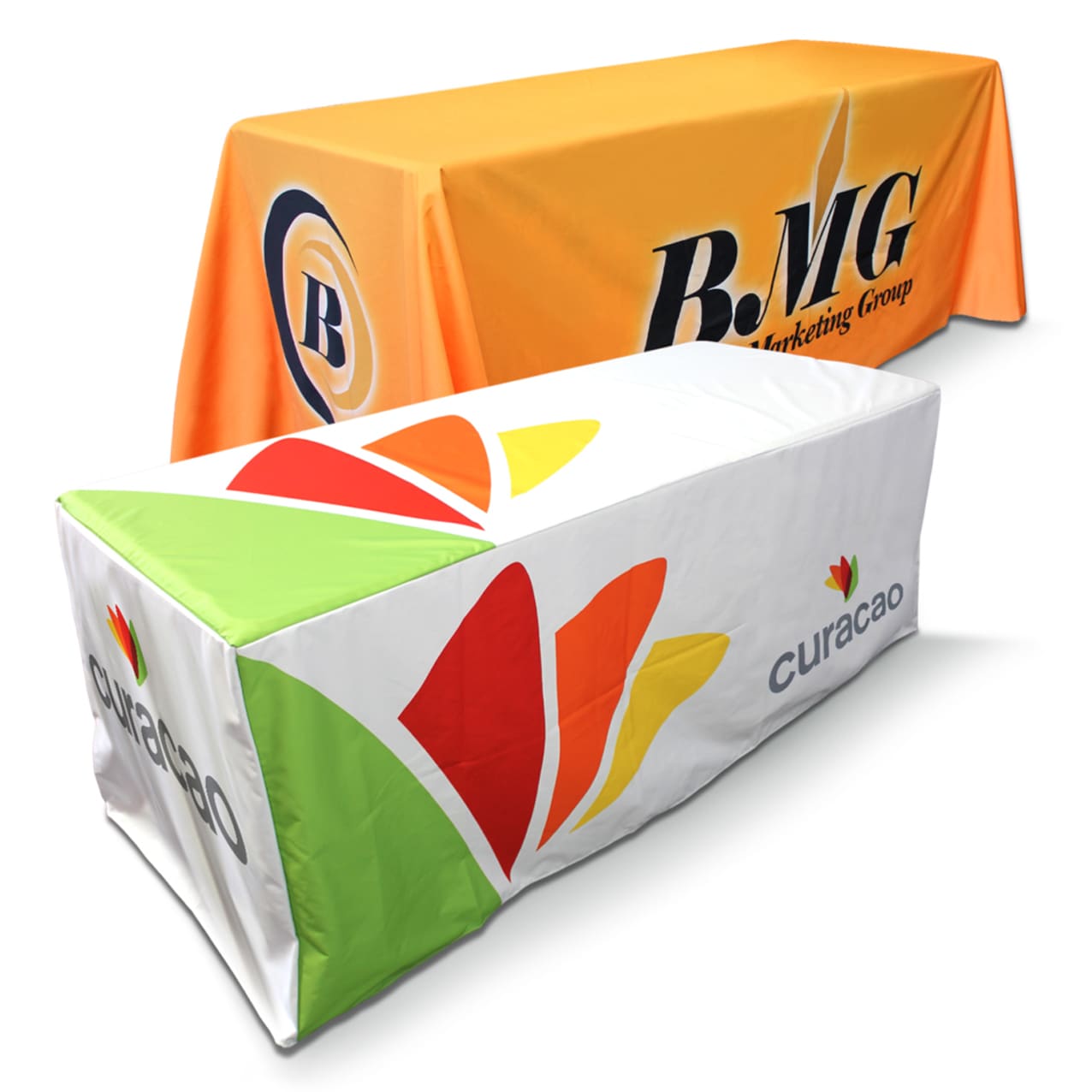 Two fitted table cloths: one in vibrant orange with branding, the other in white with colourful graphics and logo.