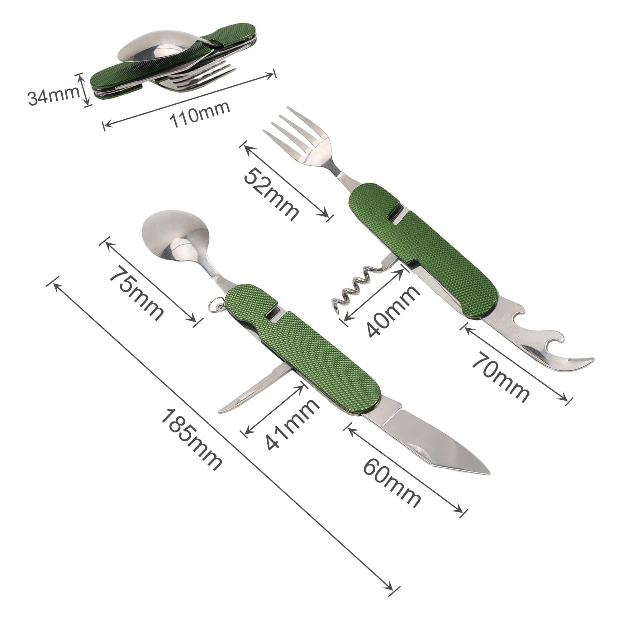 A green camping cutlery tool featuring a knife, fork, spoon, and corkscrew, with measurements displayed alongside.