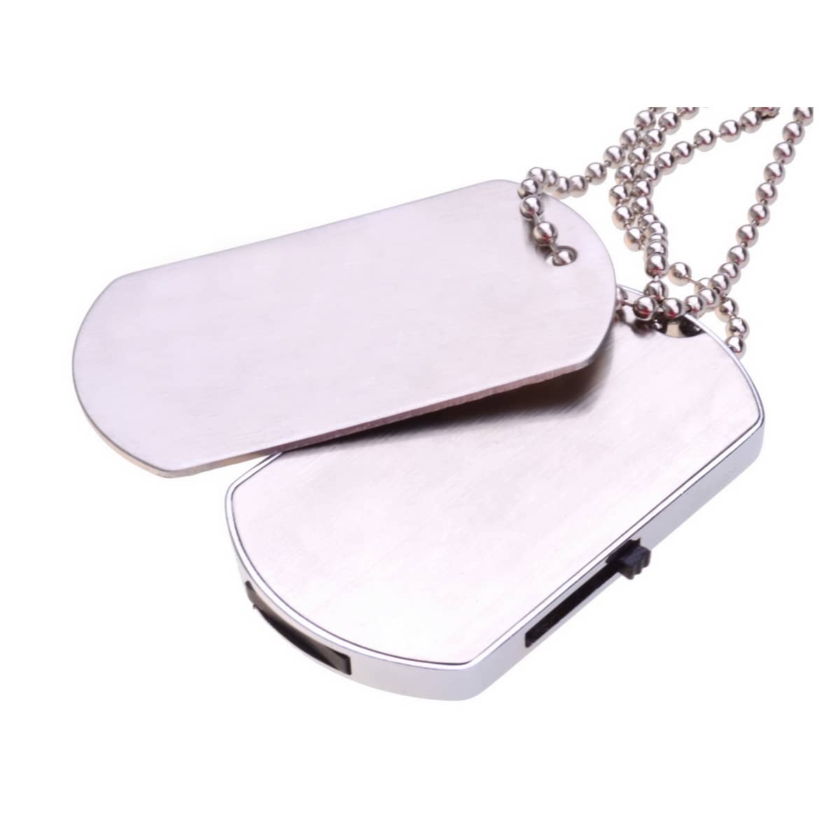 A silver dog tag flash drive with a polished finish, attached to a metal chain.