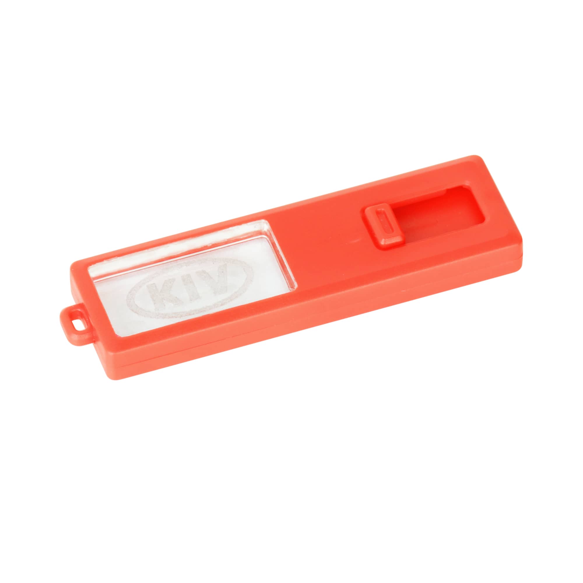 A red sliding acrylic flash drive with a transparent section and an attachment loop, featuring a logo.
