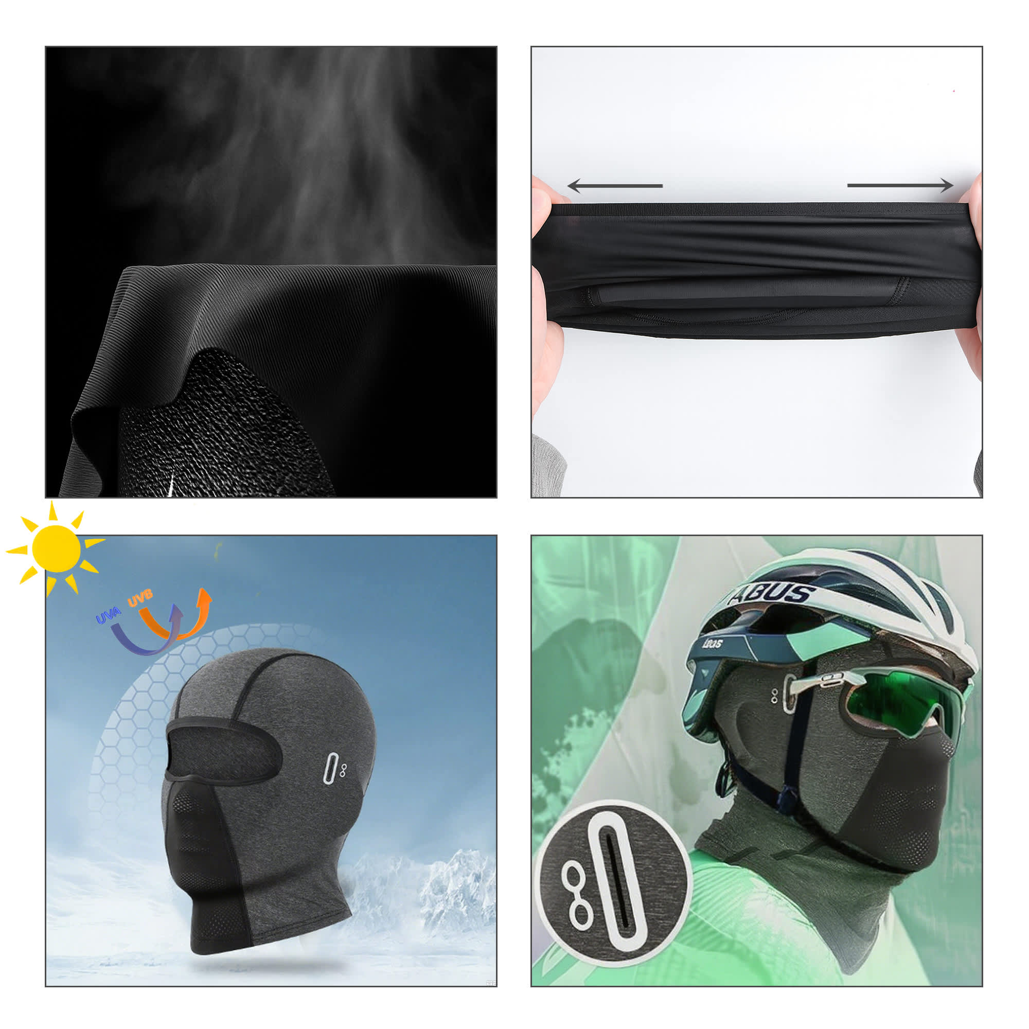 A breathable balaclava cycling face mask in black, showcasing its flexible design and various features. Includes a logo.