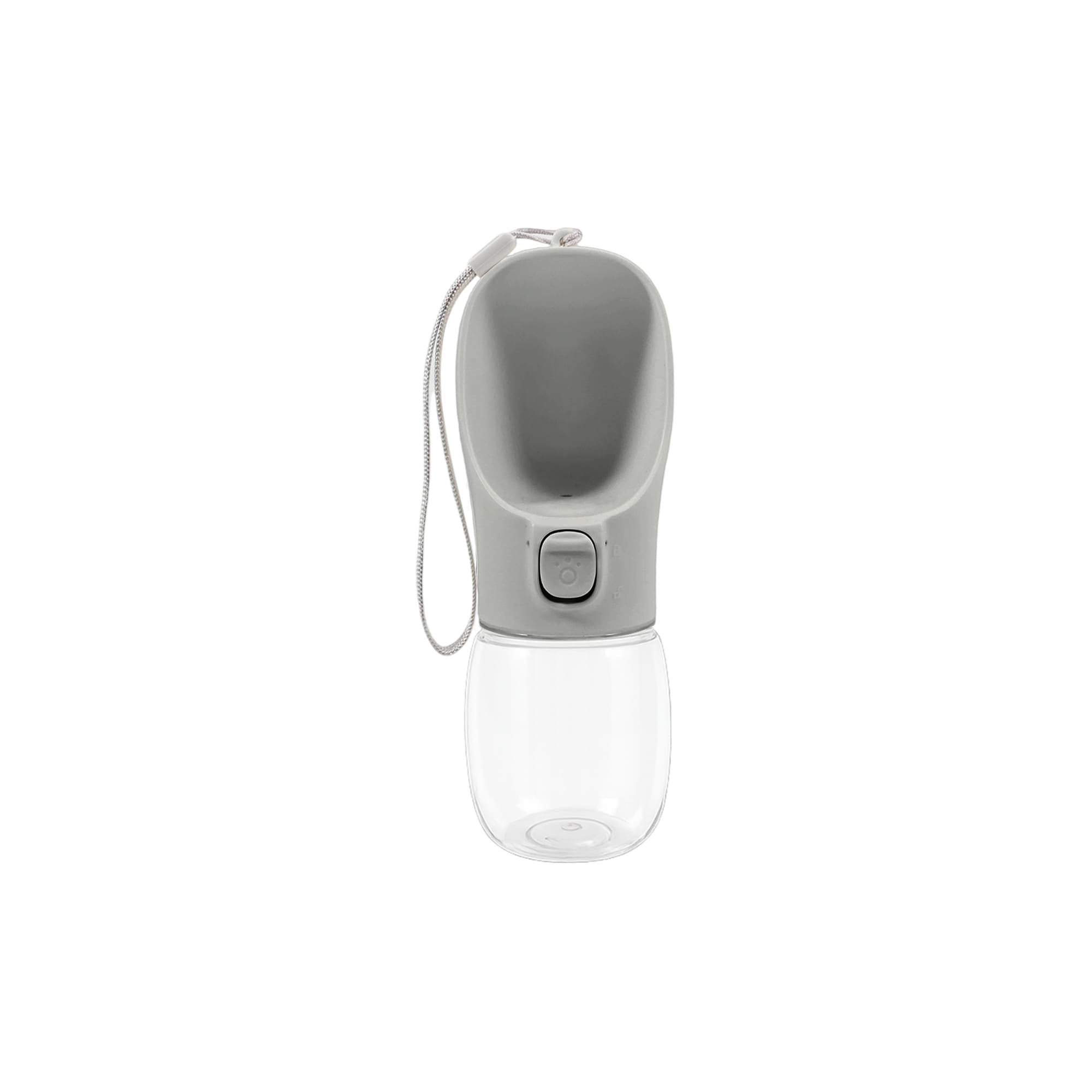 A drink bottle in grey and transparent, featuring a flexible top and a button mechanism. Includes a carrying strap.