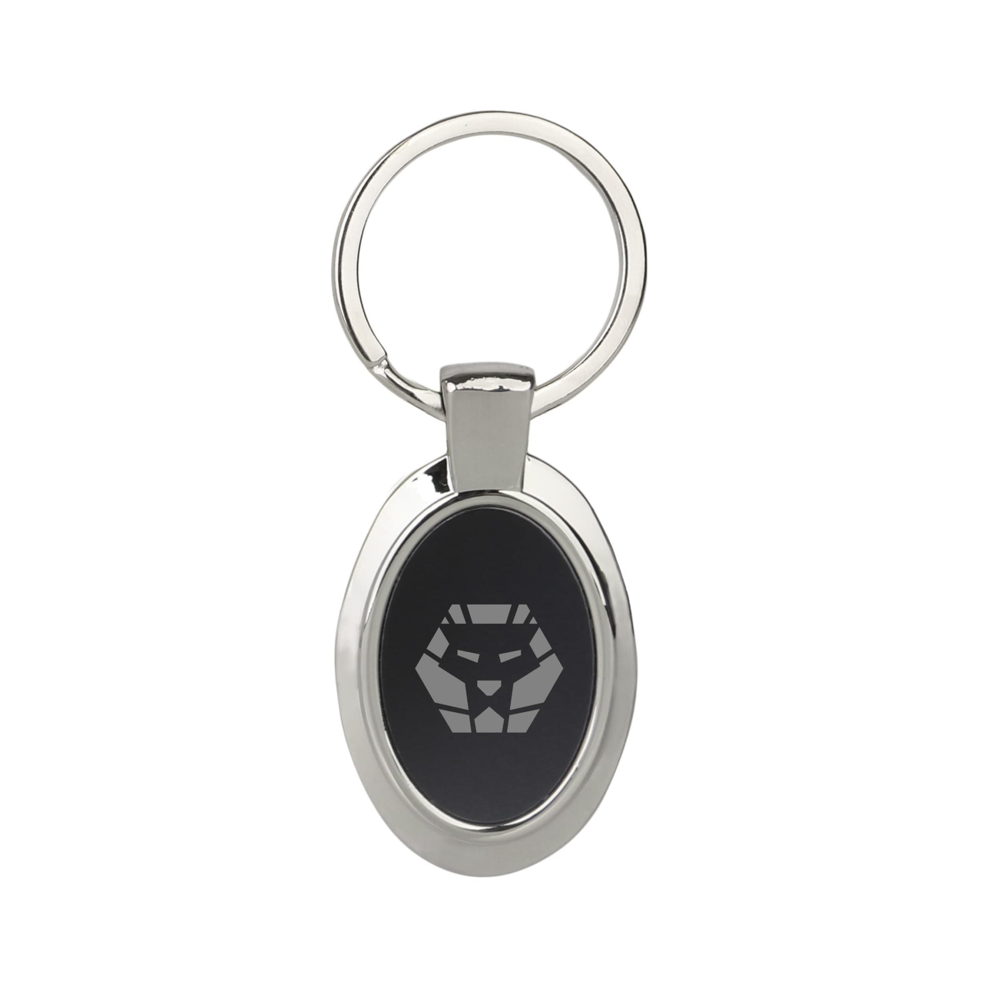A silver keyring with an oval shape and a black panel featuring a logo design.