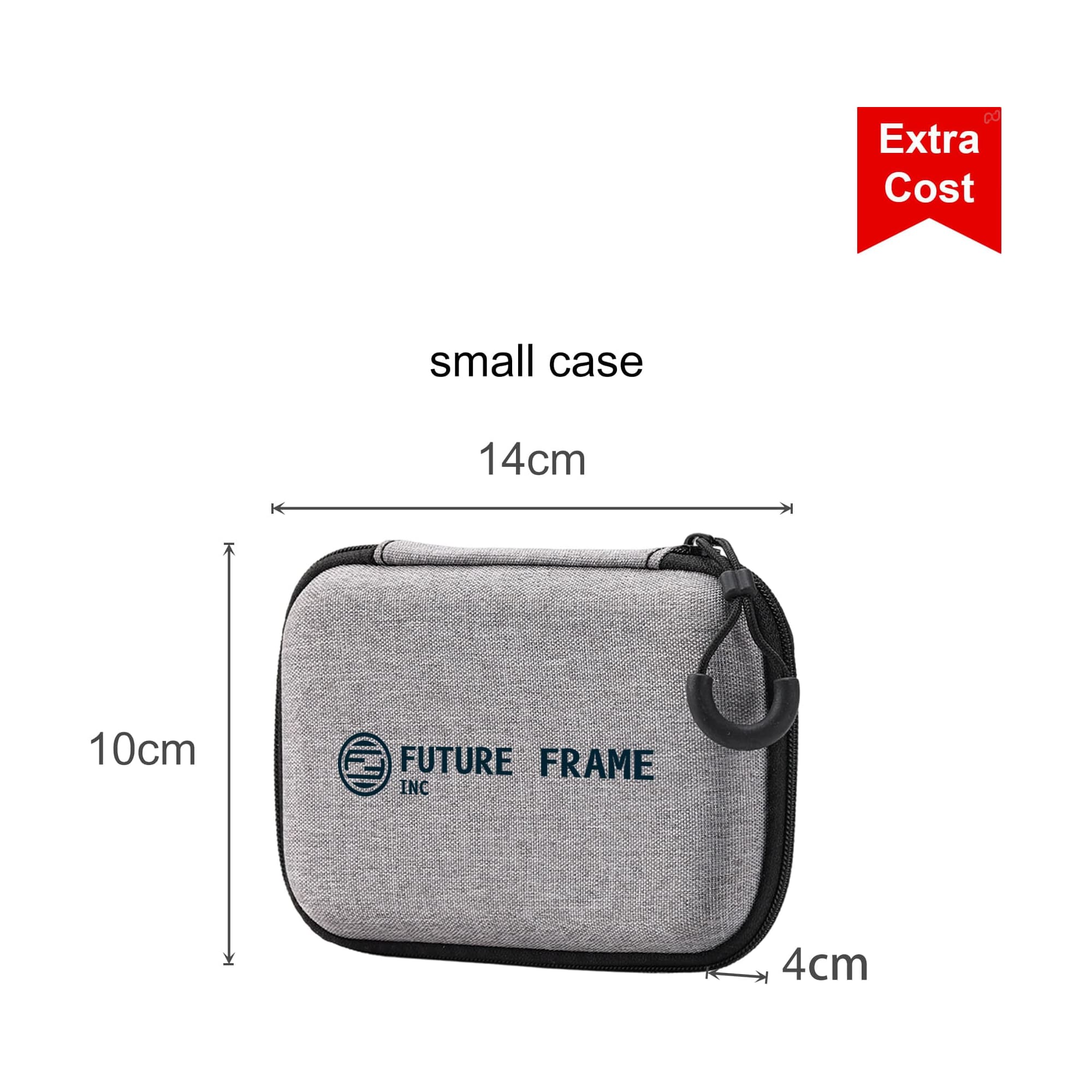 A small grey case with a zipper, featuring a logo on the front, measuring 14cm by 10cm by 4cm.