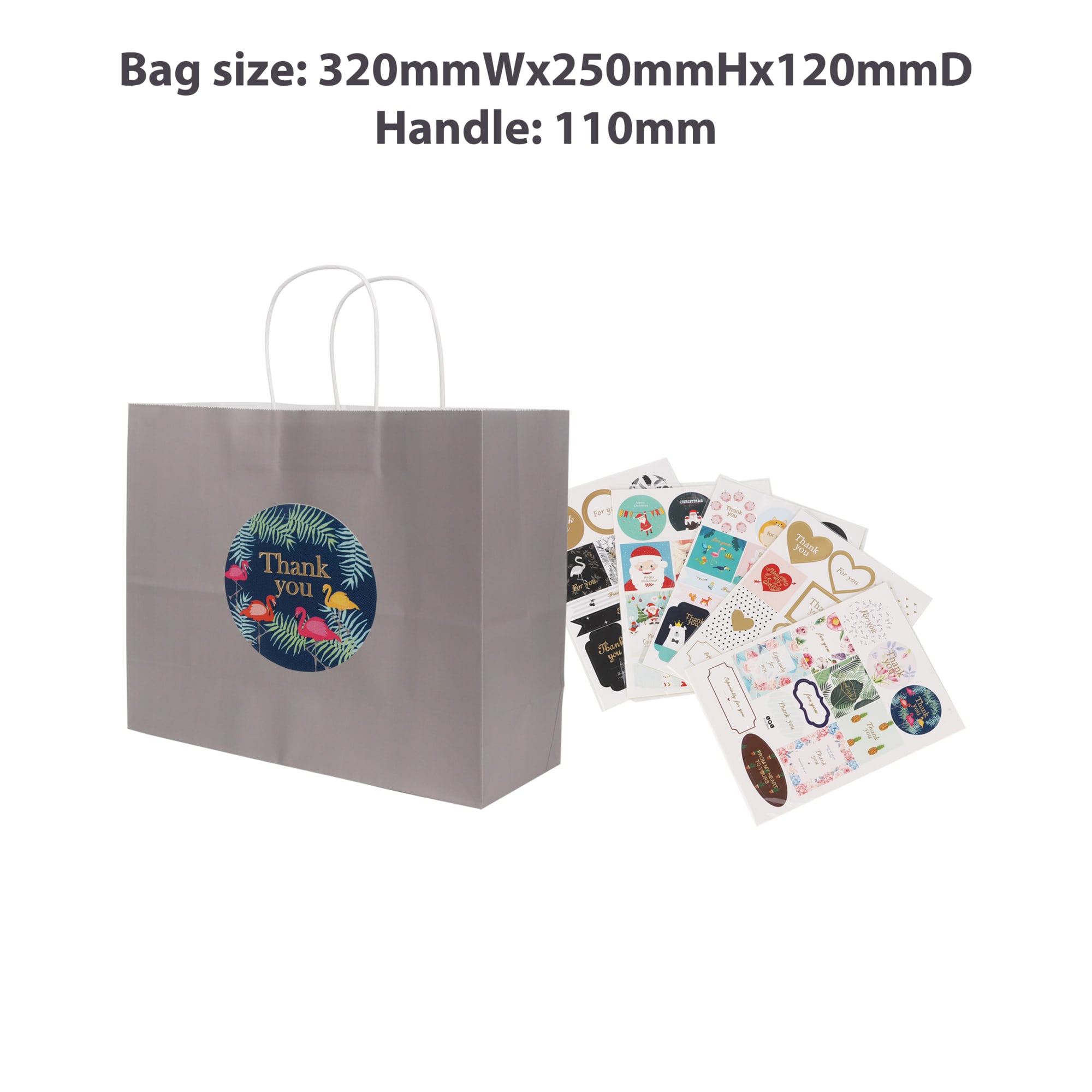 A grey kraft paper bag with twisted handles and a circular logo, accompanied by assorted decorative stickers.