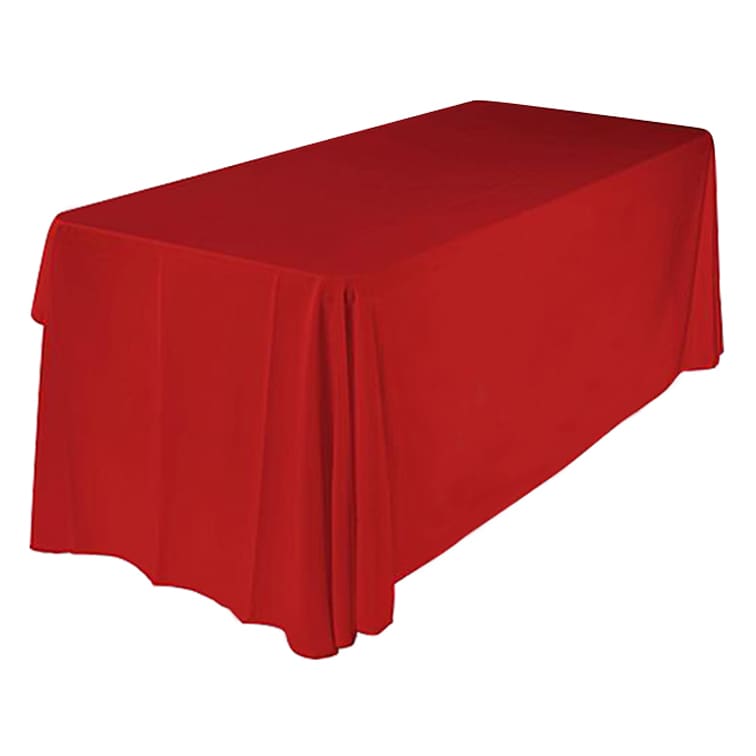 A red, three-sided throw tablecloth for a 4ft table, featuring a draped design and a smooth texture.