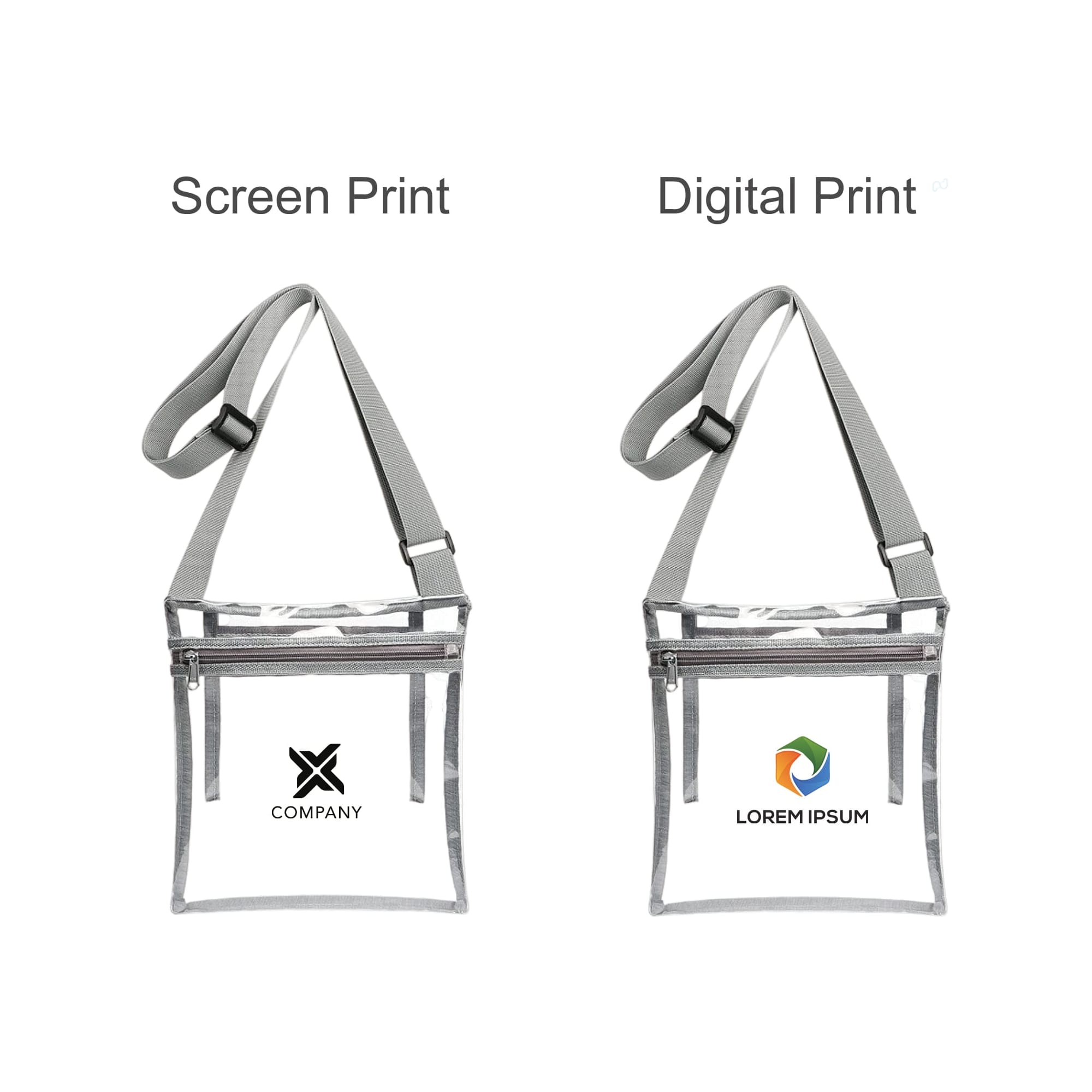 Two grey PVC clear crossbody bags with inner pouches, featuring different printing styles and a logo on each.