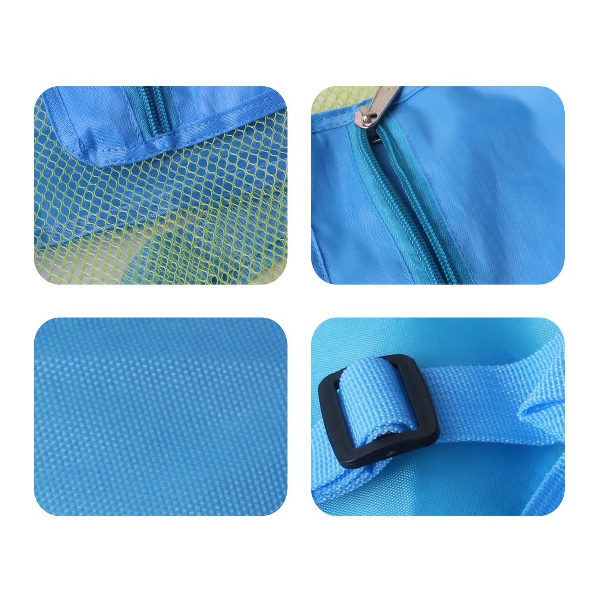 A blue foldable mesh drawstring backpack with zipper details, textured fabric, and adjustable strap. Features a logo.