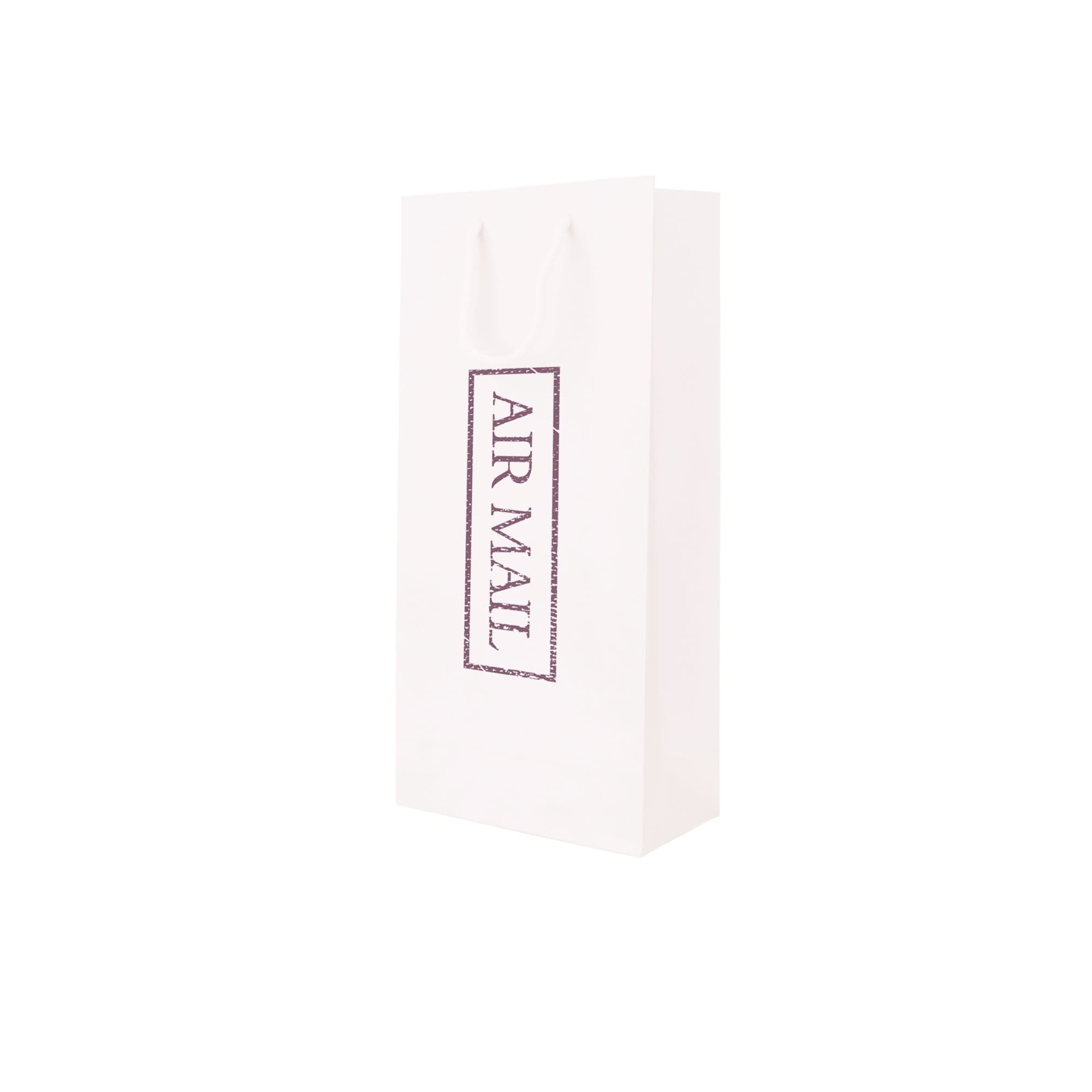 A wine bottle paper bag in white with a logo, featuring a rectangular design and handles for easy carrying.