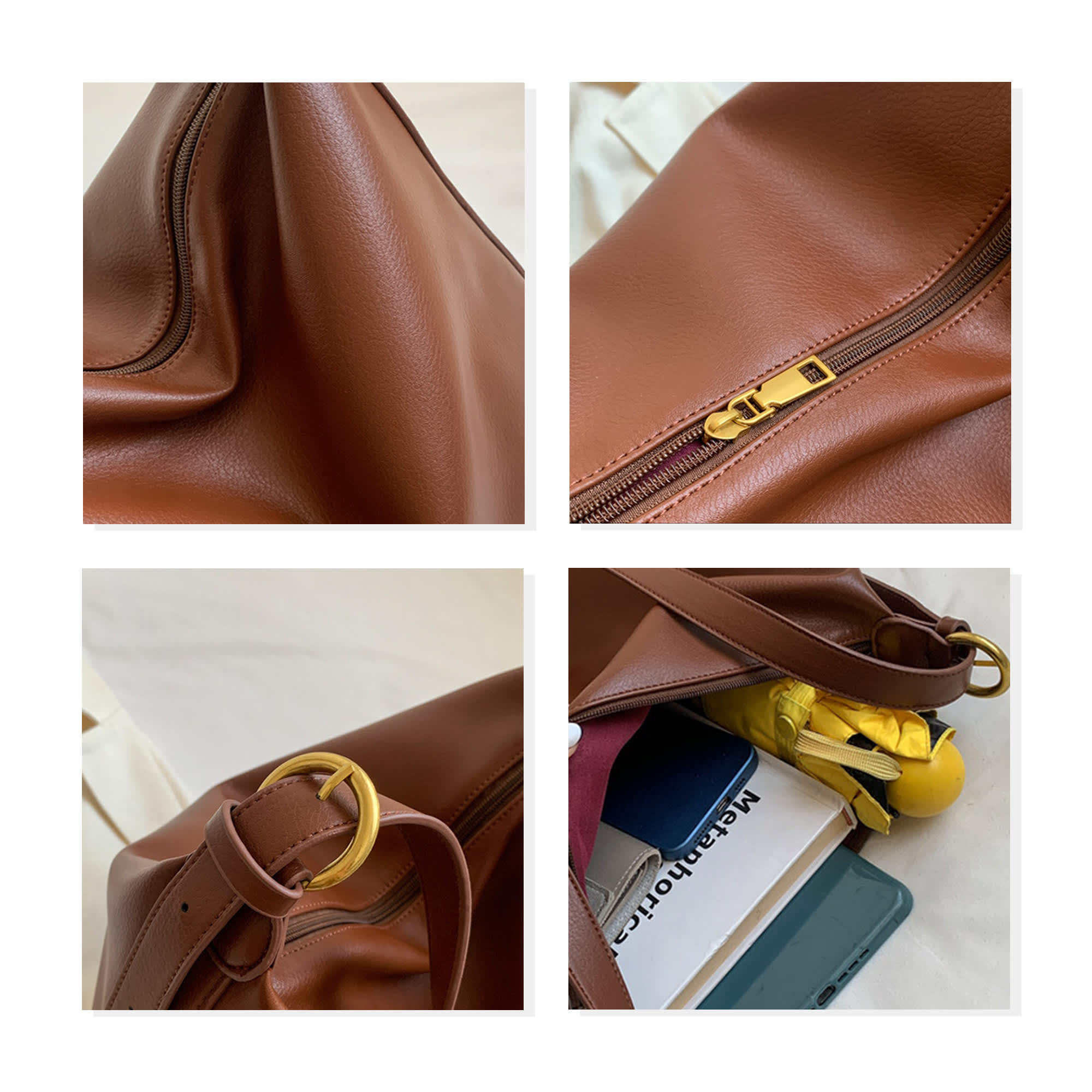 A brown polyurethane tote bag featuring a zip closure and a decorative gold ring on the strap.