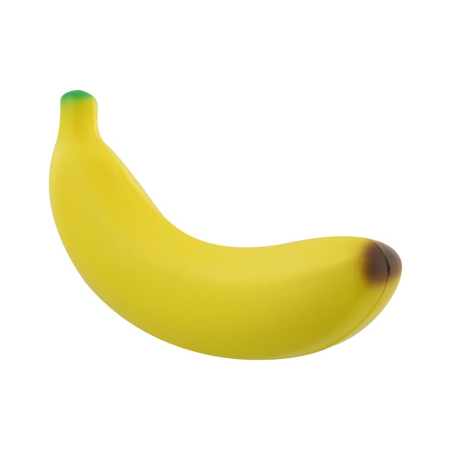 A yellow banana-shaped stress reliever with a green tip and brown spot. Features a logo on the surface.