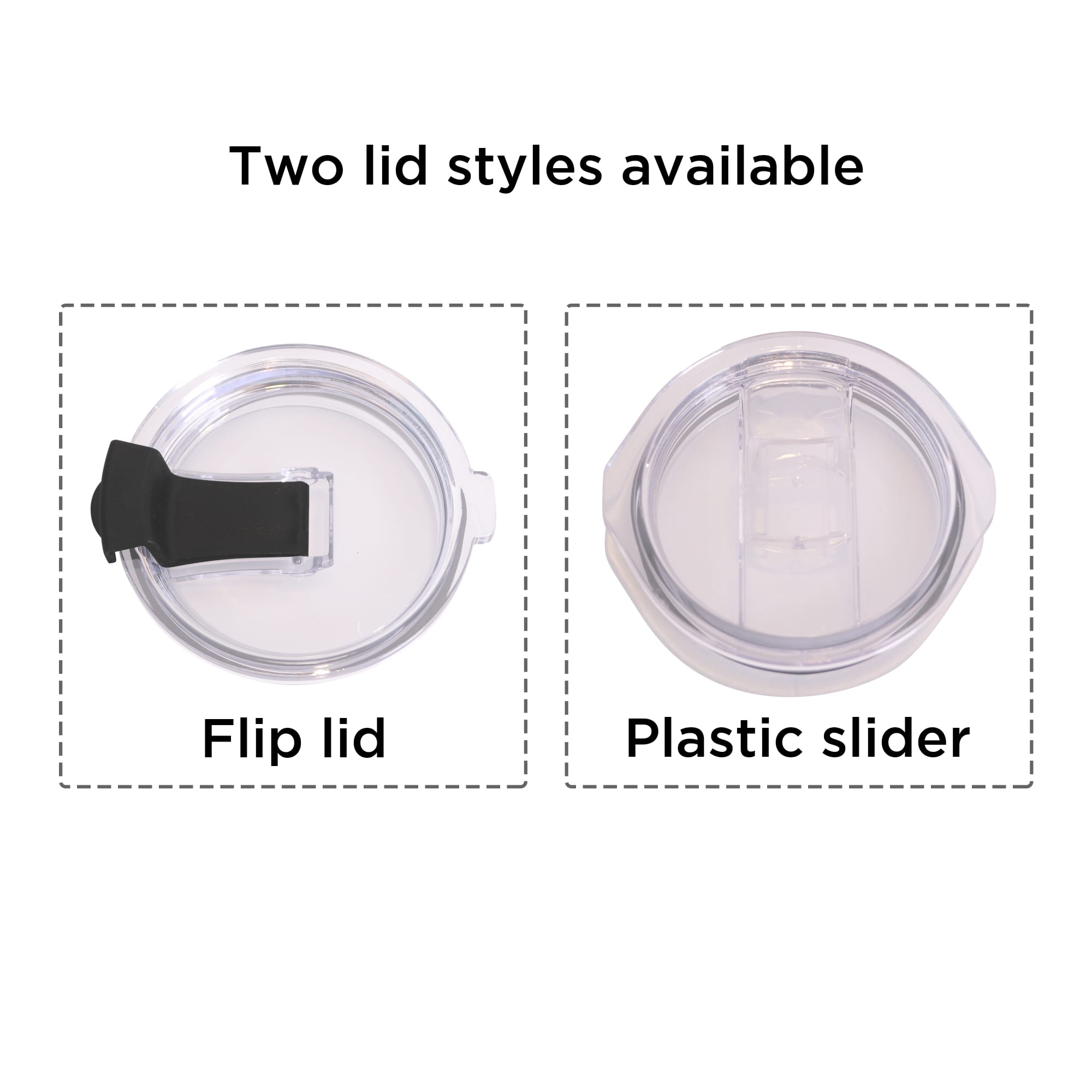 Two different styles of lids for a 10oz stainless steel tumbler, featuring a flip lid and a plastic slider lid.