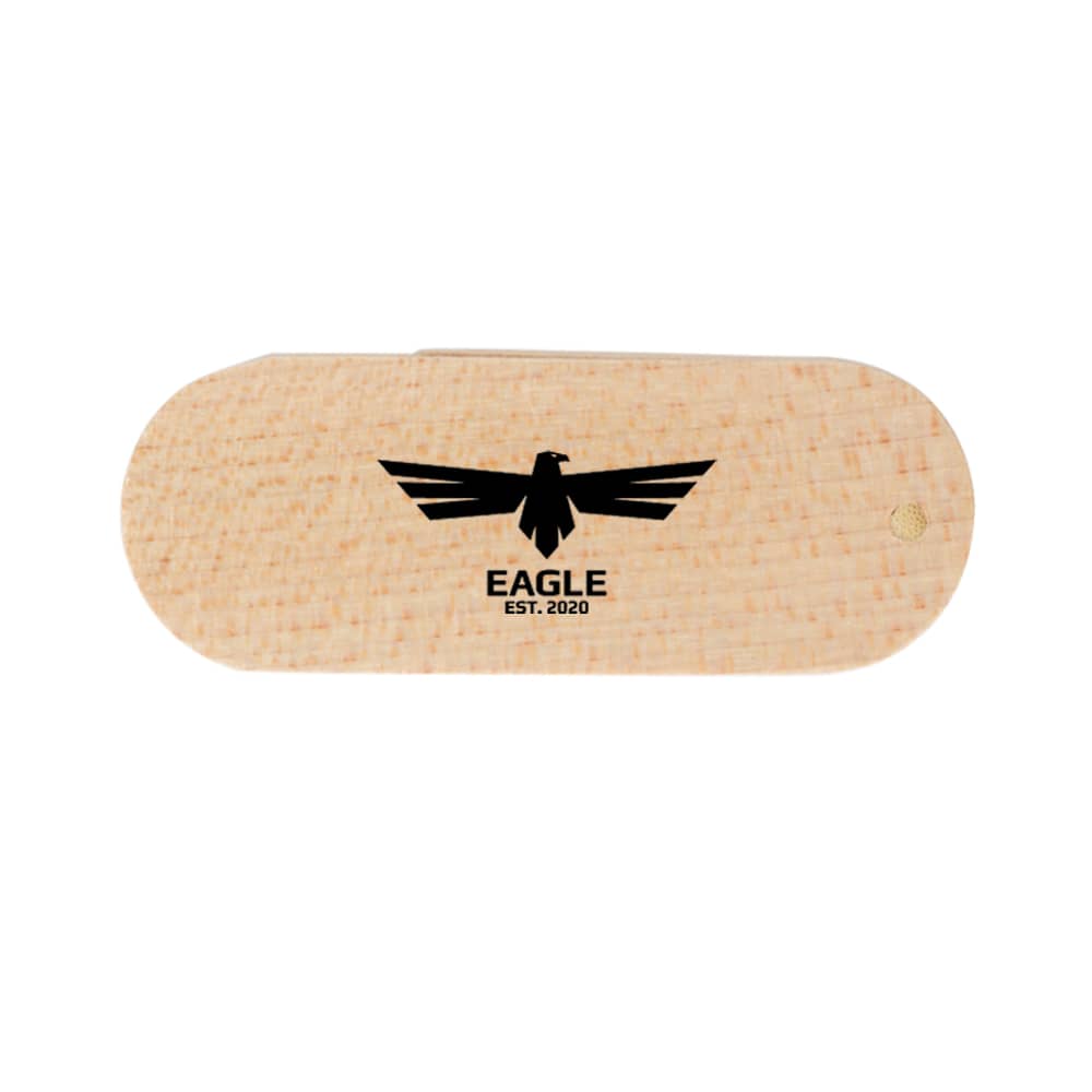 A wooden flash drive in a light colour with a logo design featuring a bird and text beneath it.