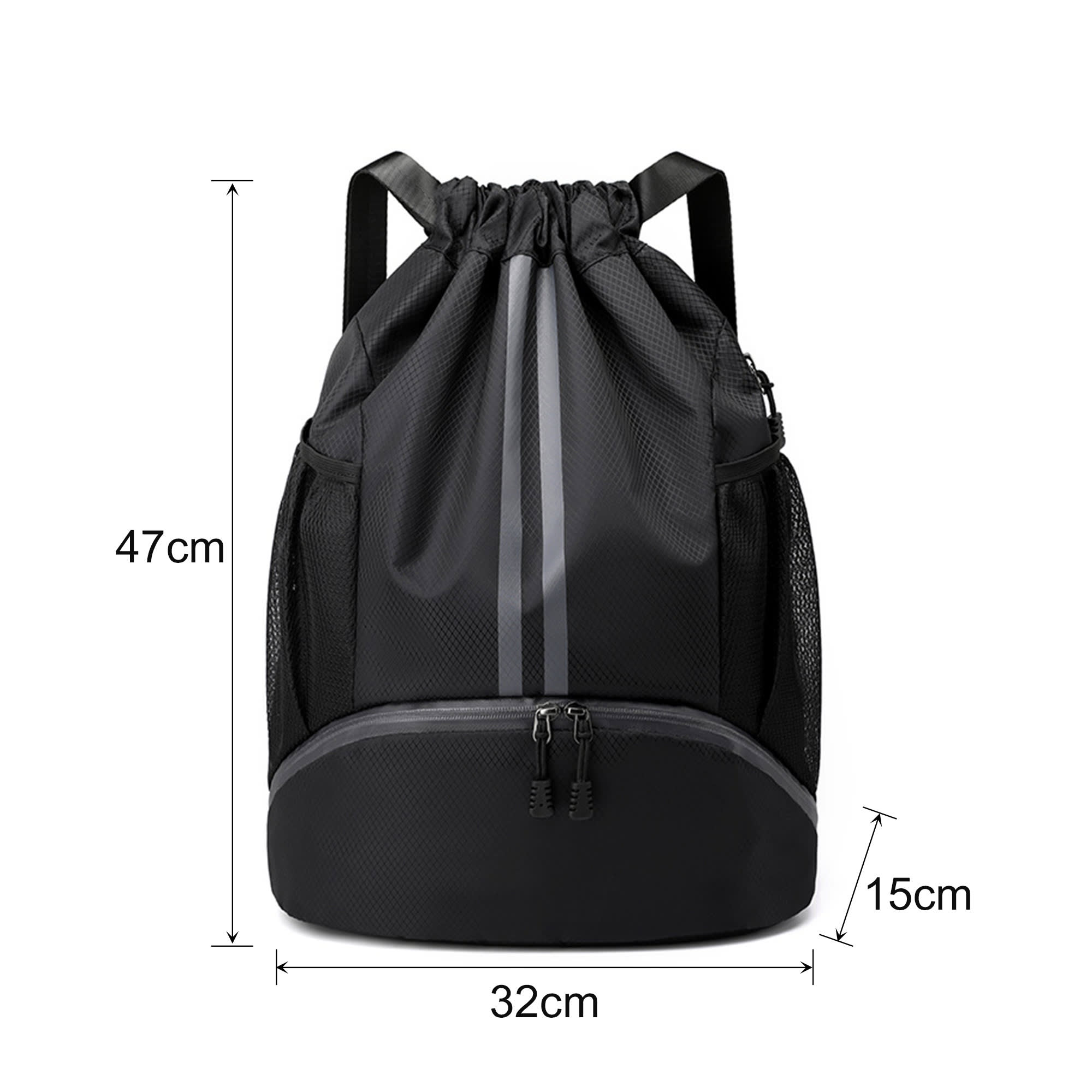 A black drawstring backpack with mesh side pockets, featuring a zippered bottom compartment and grey stripes.
