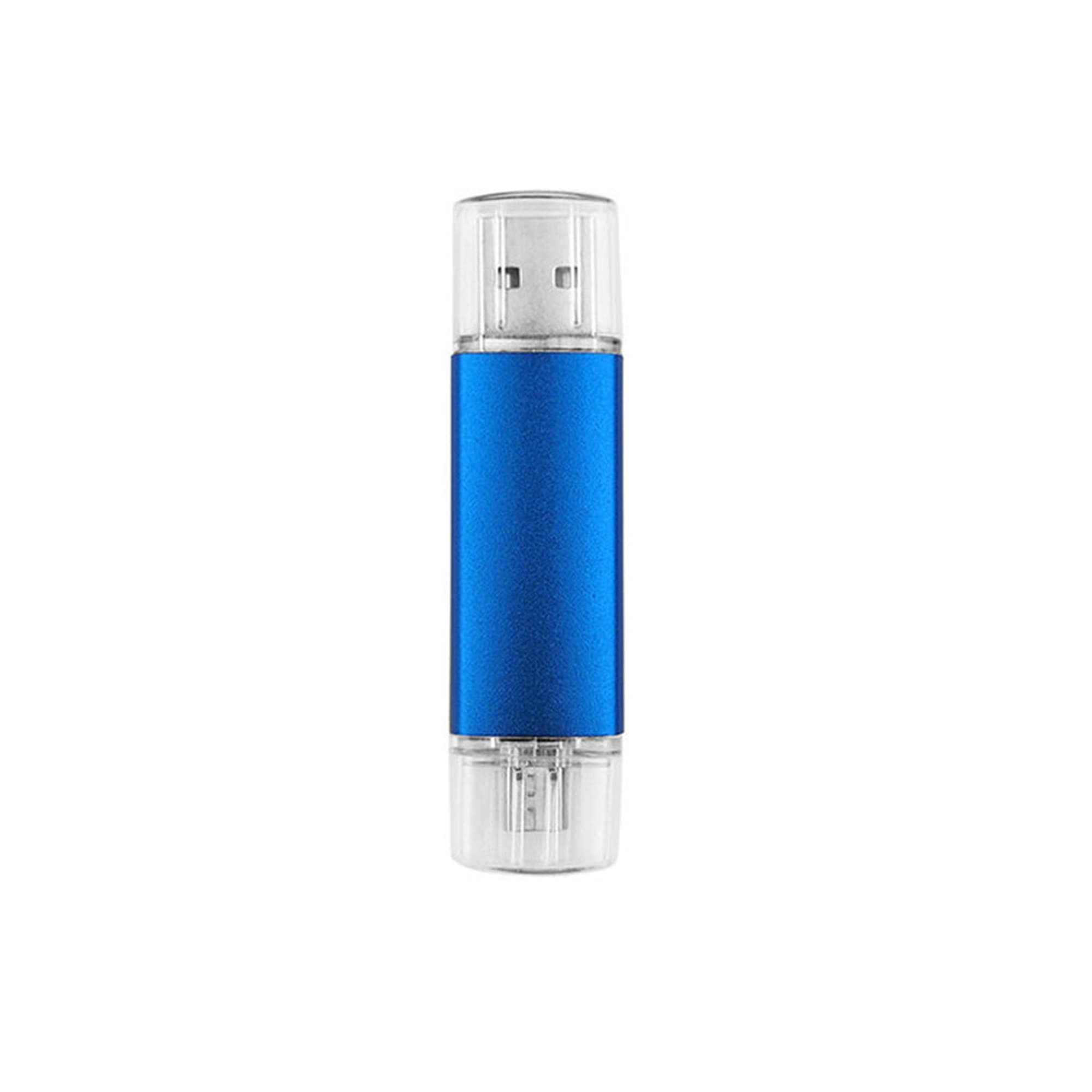 A blue double-end flash drive with a transparent casing and USB connectors on both ends.