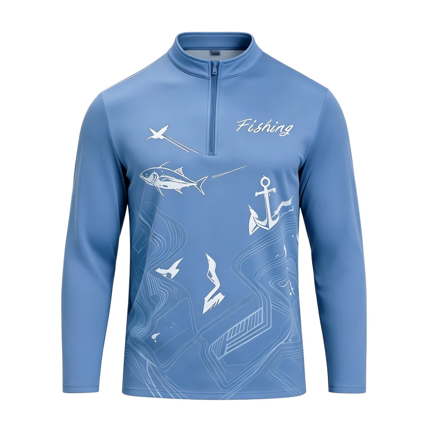 A light blue fishing pullover with a 1/4 zip, featuring marine-inspired graphics and a logo.