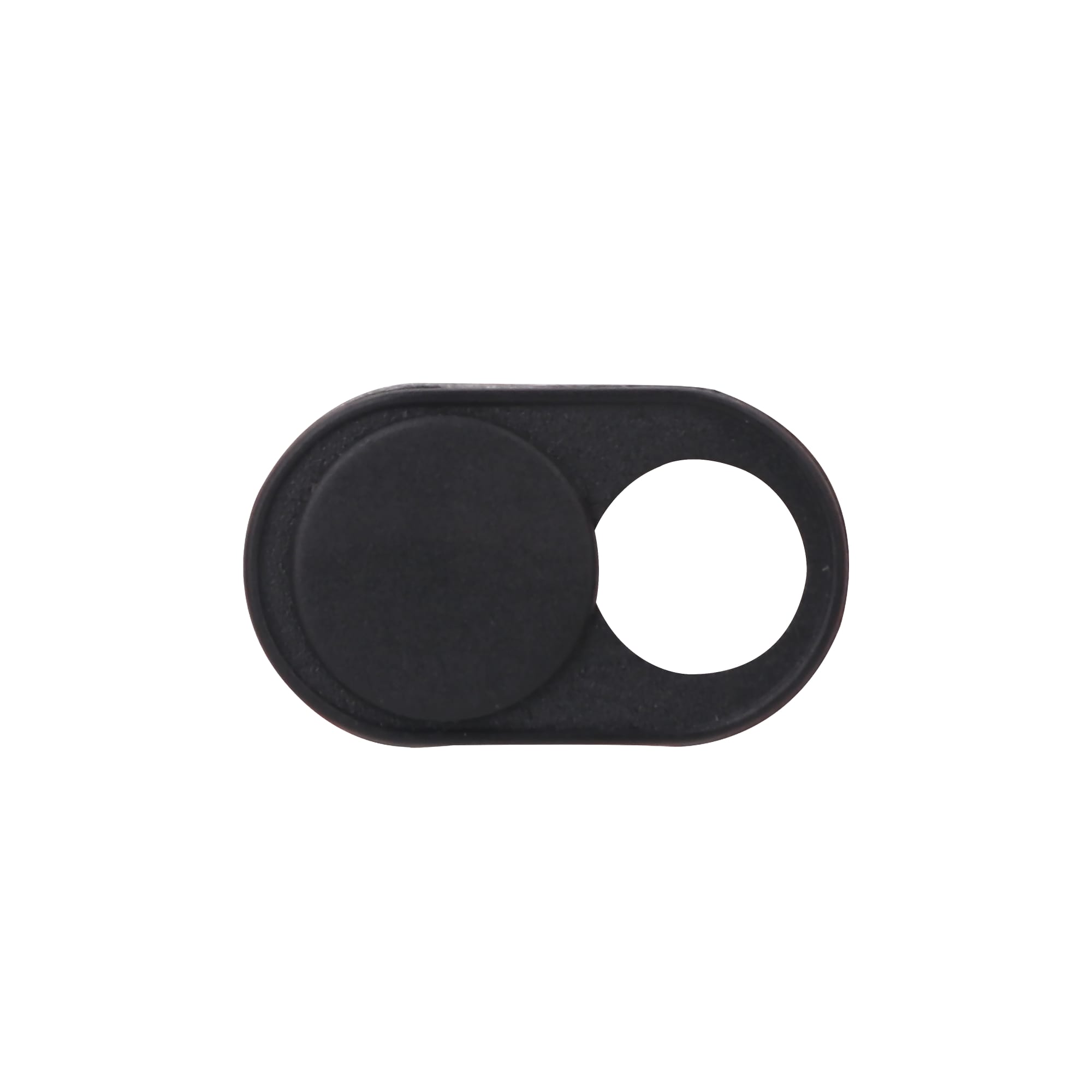 A black mini webcam cover featuring a sliding mechanism to open and close the lens.