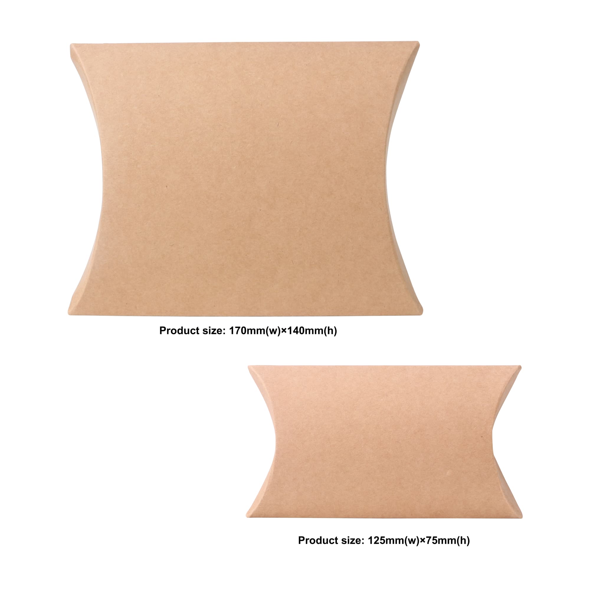 A large brown kraft pillow box, featuring a curved design, displayed with dimensions of 170 x 140 x 37mm.