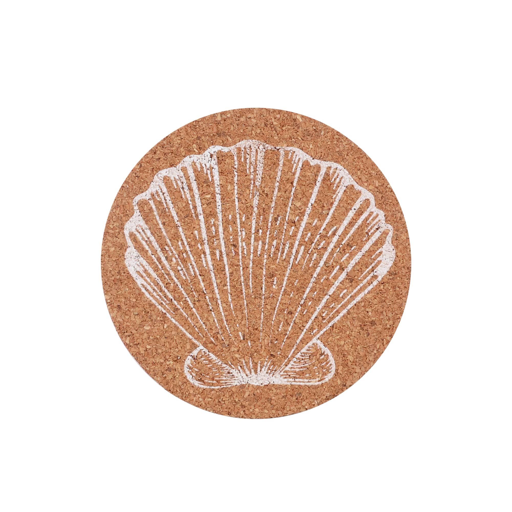 A round cork coaster featuring a white shell illustration on a natural cork background.