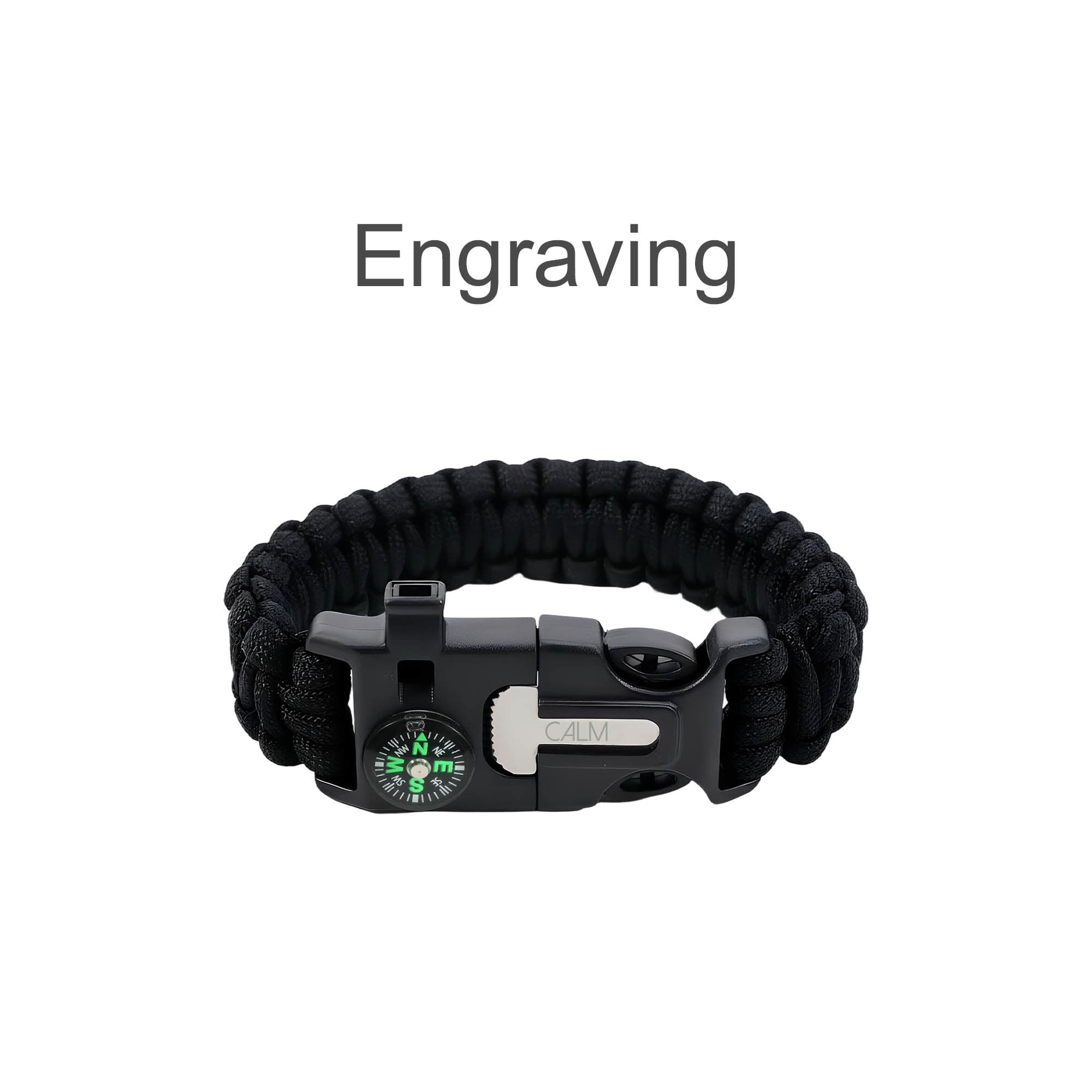 A black survival bracelet featuring a compass and buckle, made from durable woven material. It includes a logo.