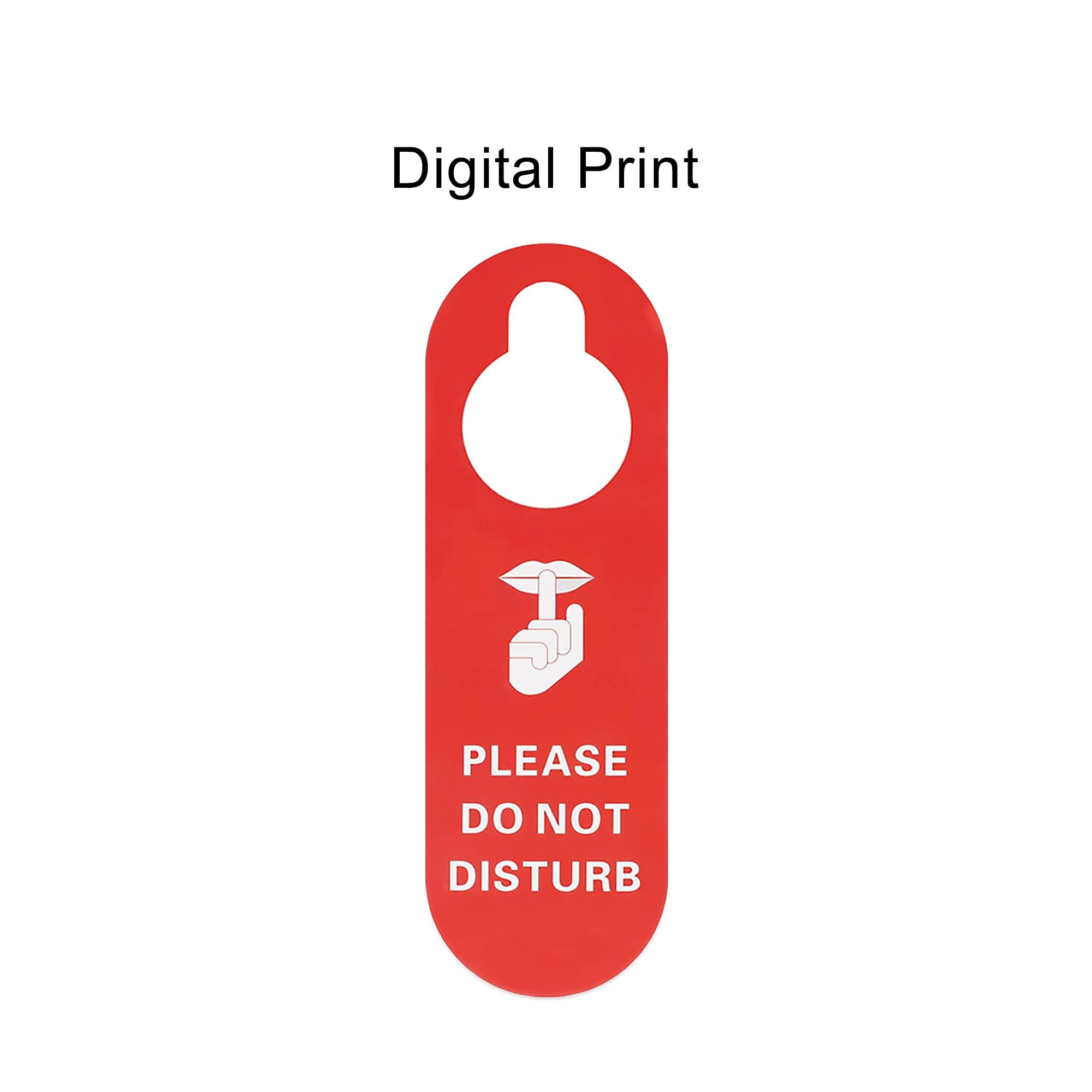 A red PVC door hanger featuring a “Please Do Not Disturb” message and a logo.