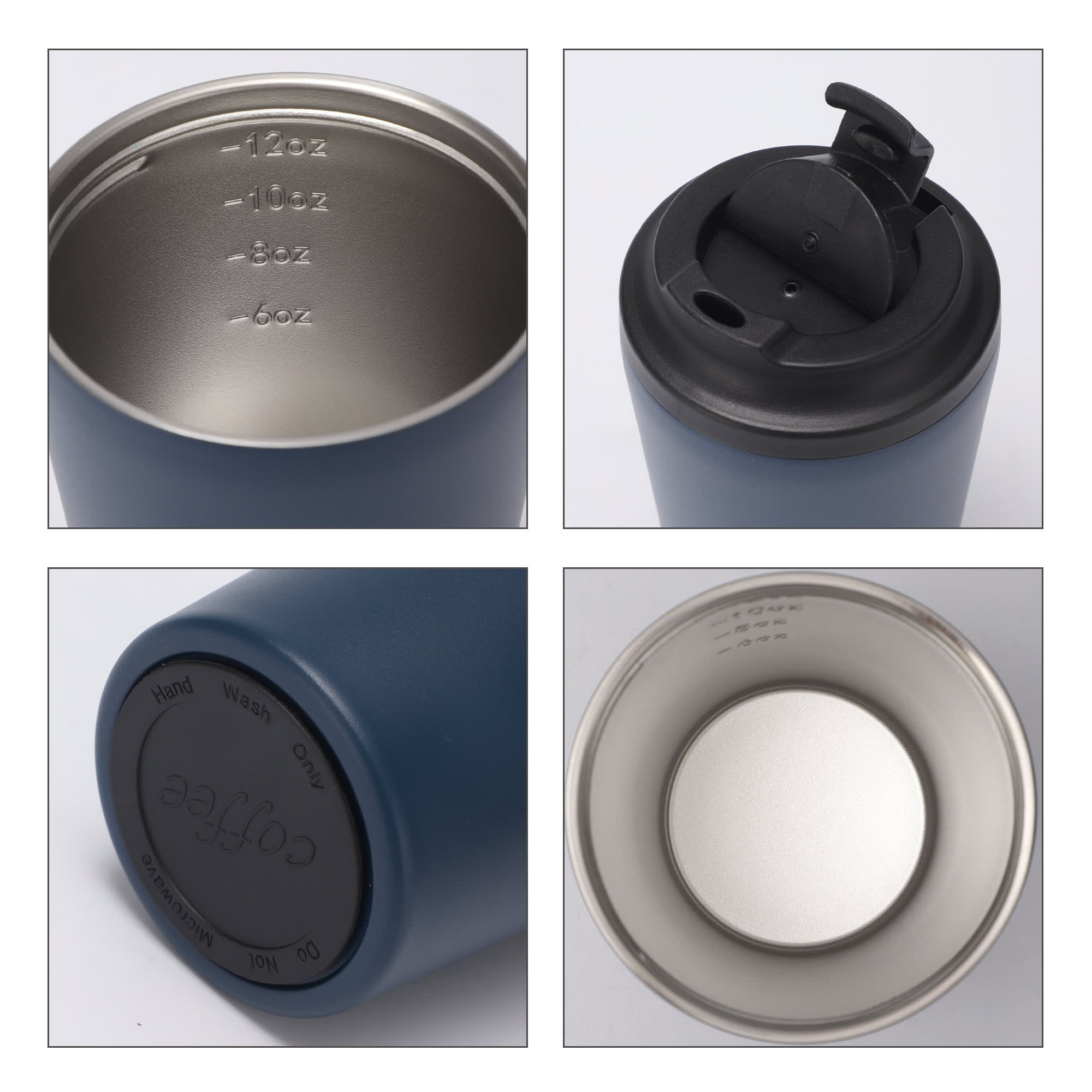 A powder-coated stainless steel coffee mug in navy blue, featuring a lid and measurement markings inside.