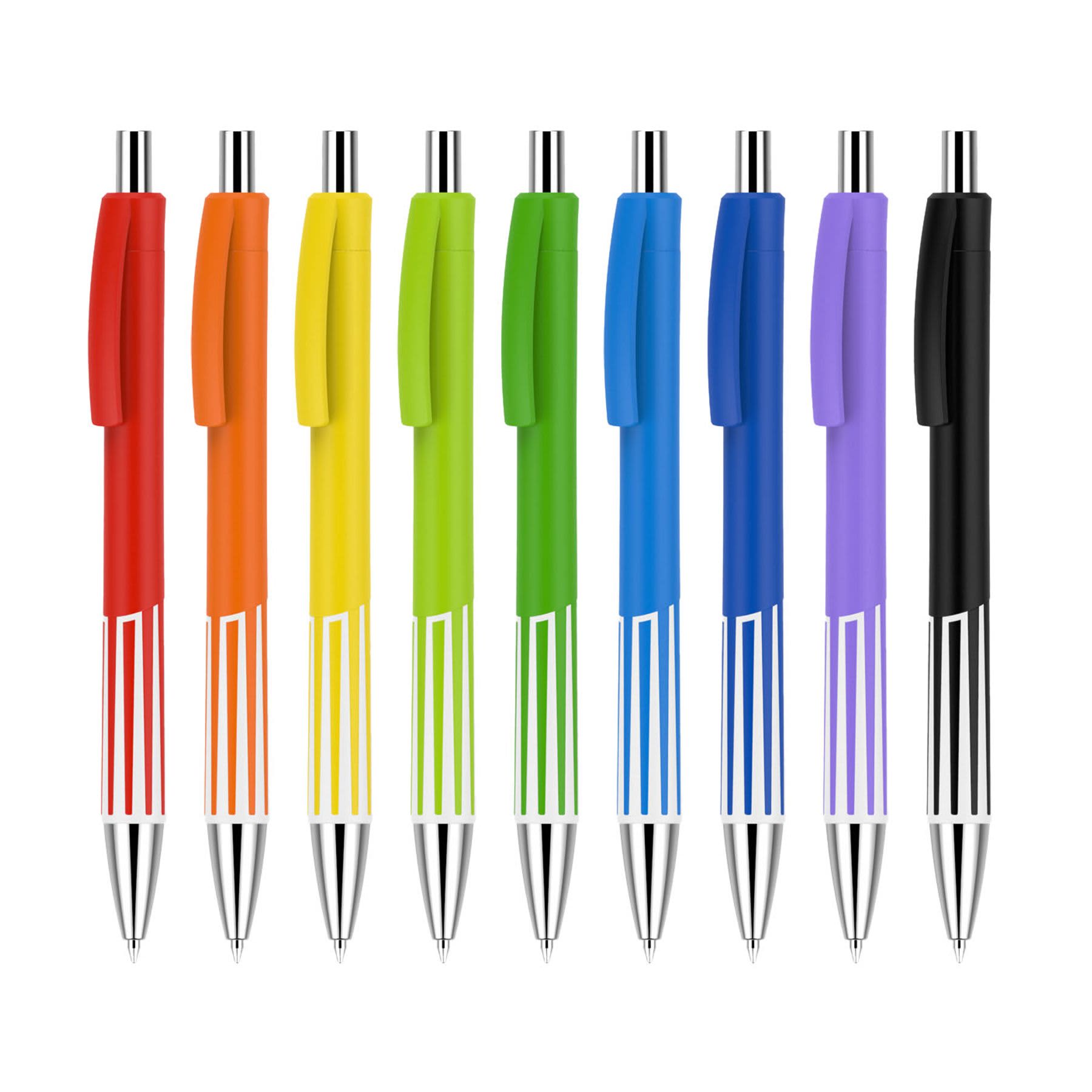 A collection of ten colourful plastic pens, featuring red, orange, yellow, green, blue, purple, and black barrels, each with a logo.