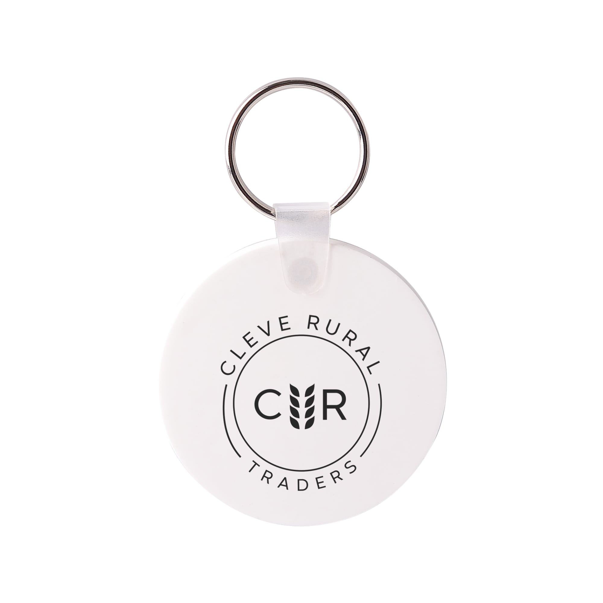 A round white keyring with a metal ring, featuring a logo in the centre.