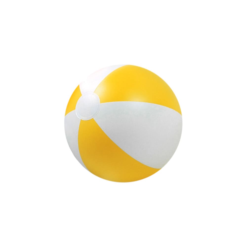 A yellow and white inflatable beach ball featuring a smooth, glossy surface and a logo.