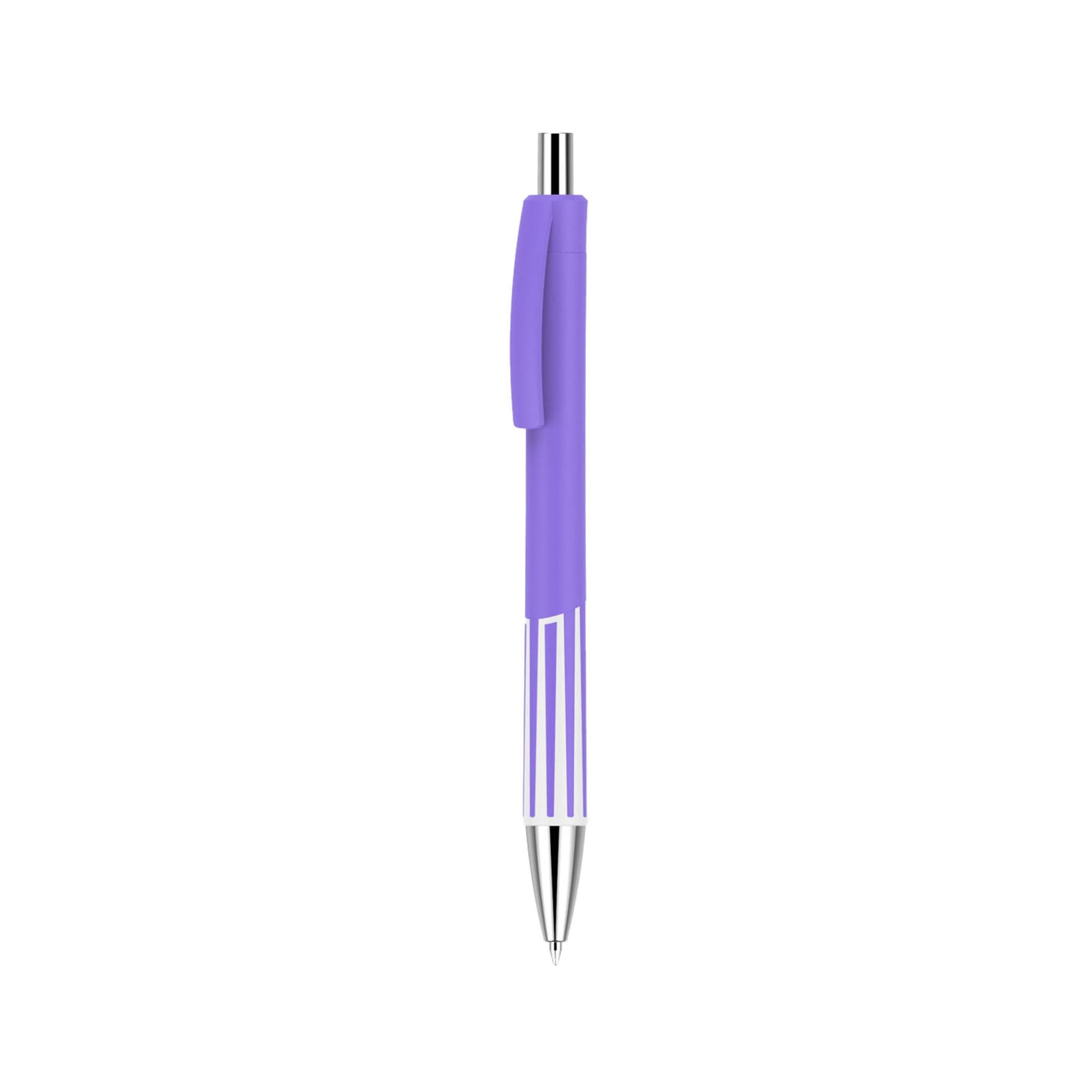 A plastic pen with a colourful purple barrel and silver tip, featuring a clip and logo.