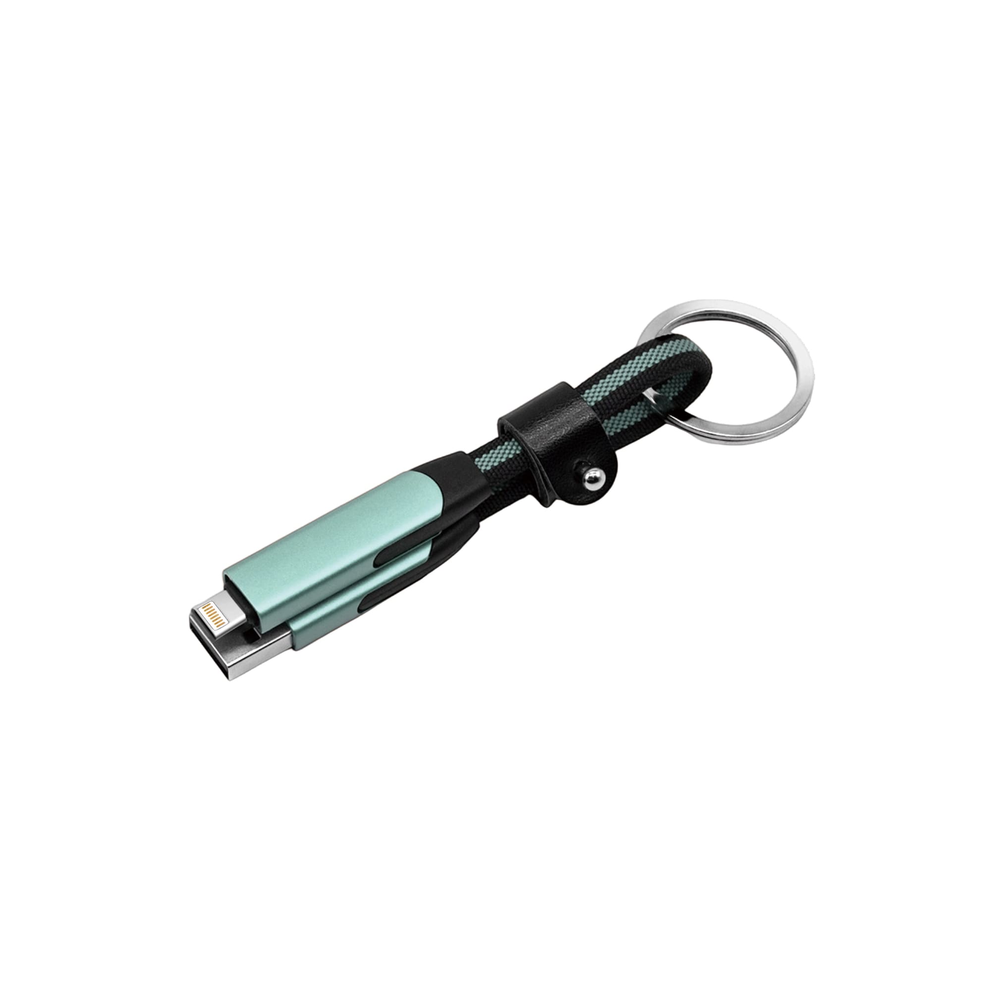 A teal and black braided charging cable with a keyring attachment. It features multiple charging connectors.
