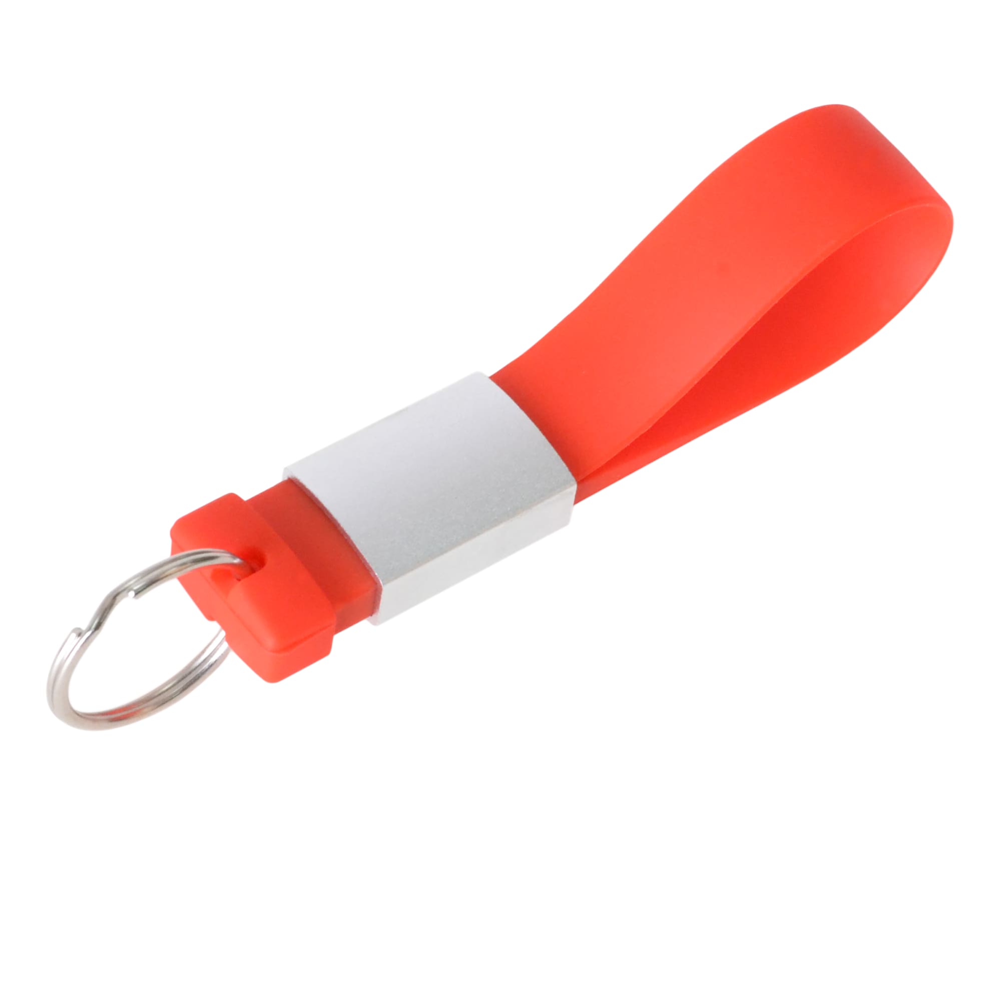 A red silicone tag flash drive featuring a silver metal connector and a keyring attachment.