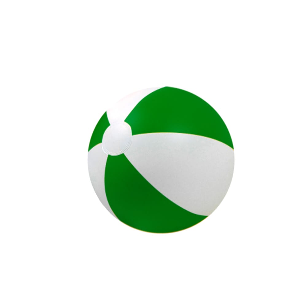 An inflatable beach ball featuring green and white sections, with a small logo.