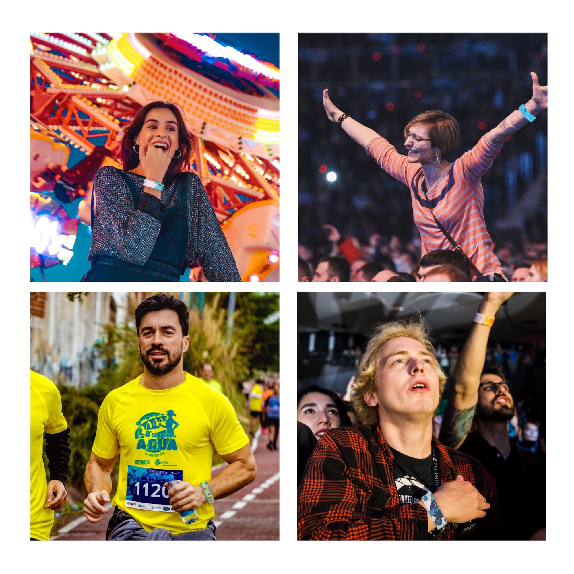 A collage featuring various individuals wearing colourful Tyvek wristbands at events, including a concert and a run.
