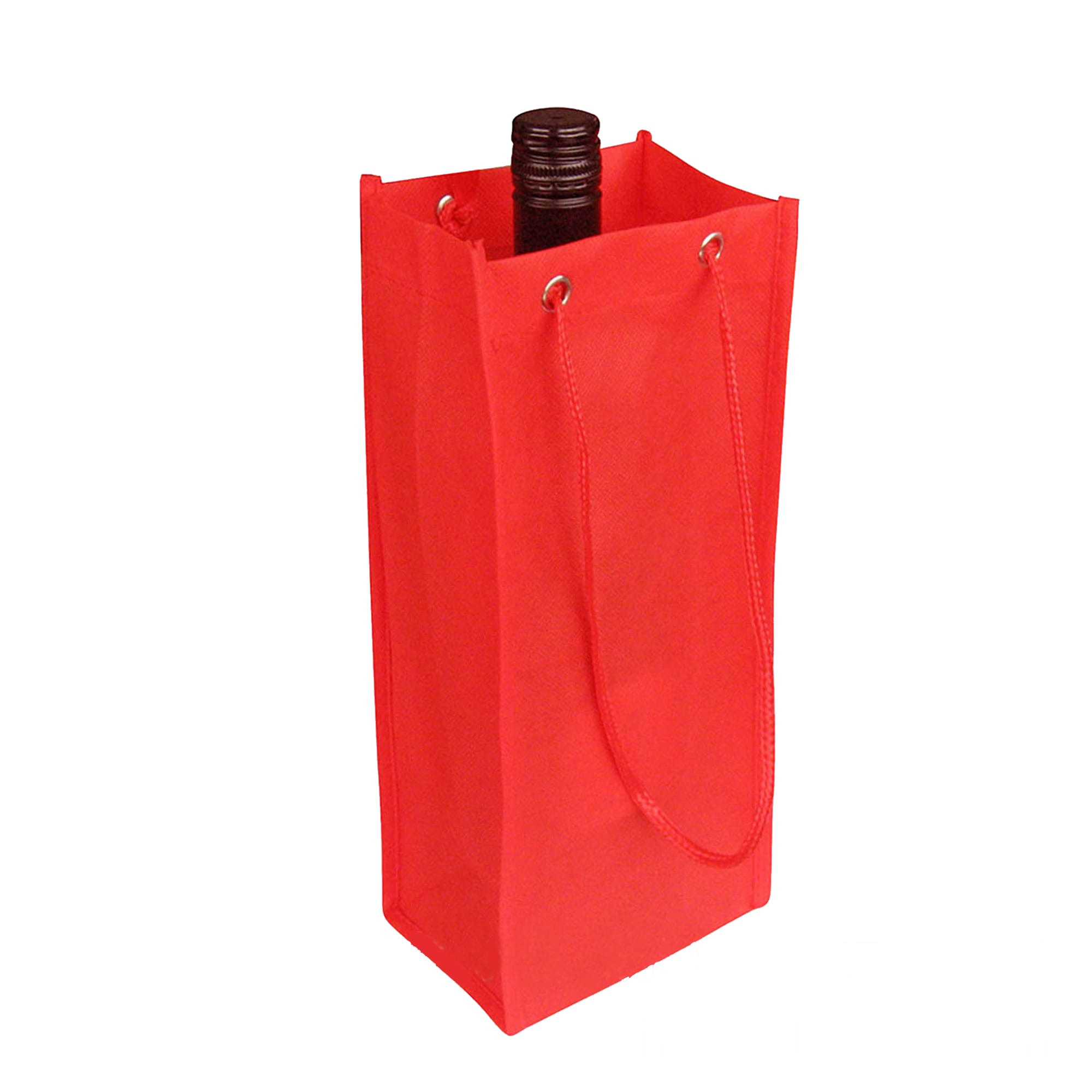 A drink bottle is partially visible inside a red non-woven single bottle bag with a rope handle, featuring a logo.