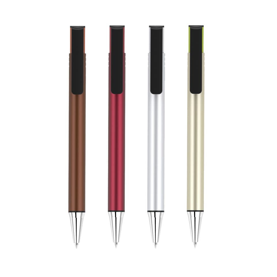 A collection of four pens in brown, red, silver, and gold, each featuring a sleek design and a logo.