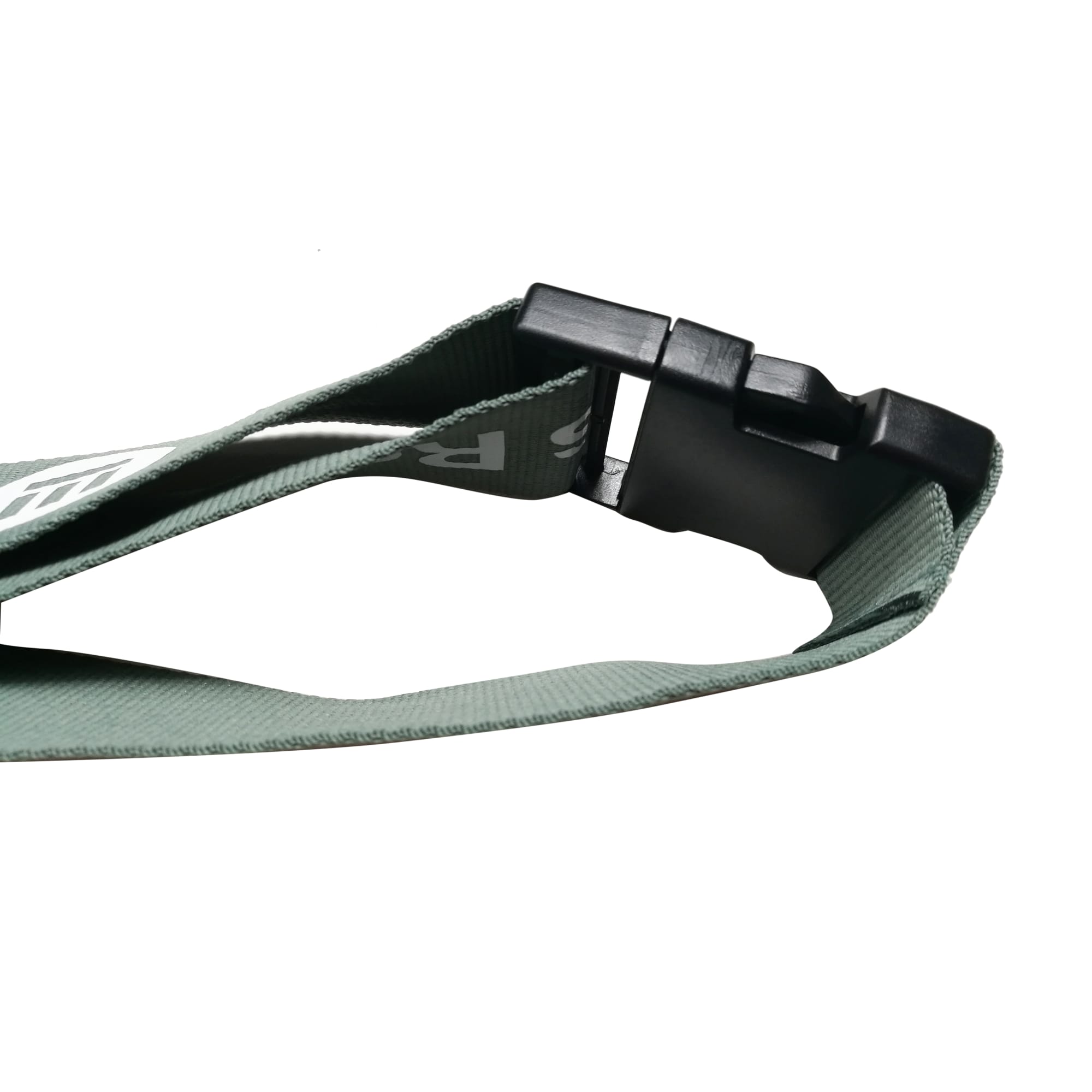 A green poly ribbed luggage belt with a black buckle and a logo. Suitable for securing luggage.