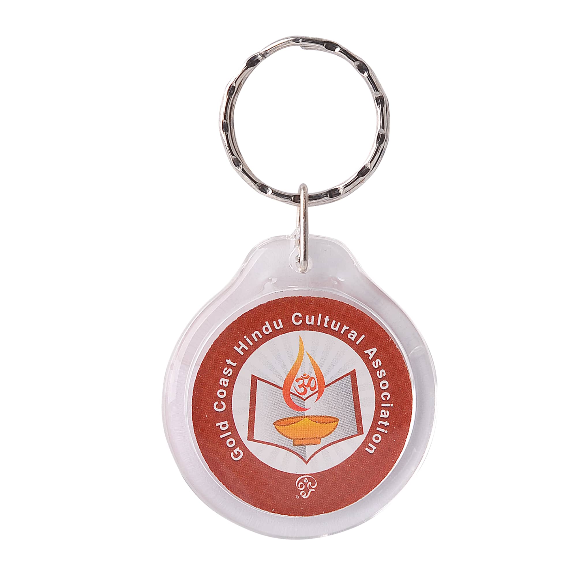 A round acrylic keyring featuring a circular design with a logo in orange and white, surrounded by a clear border.