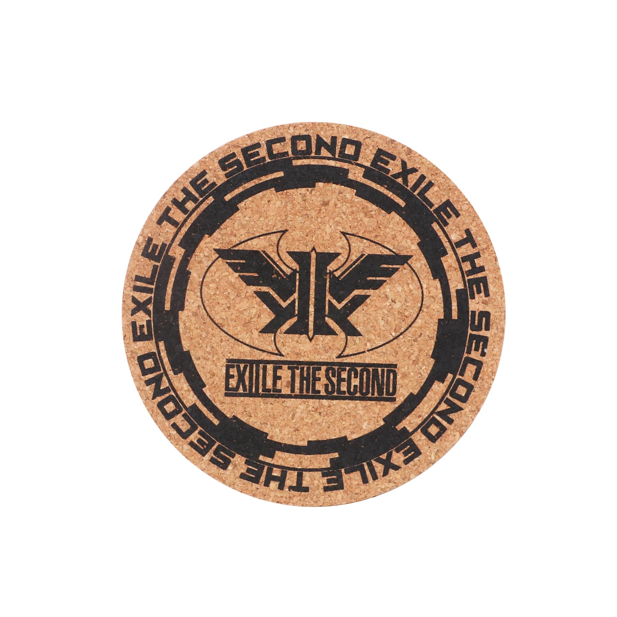 A round cork coaster in natural brown, featuring a black emblem and text design in the centre.