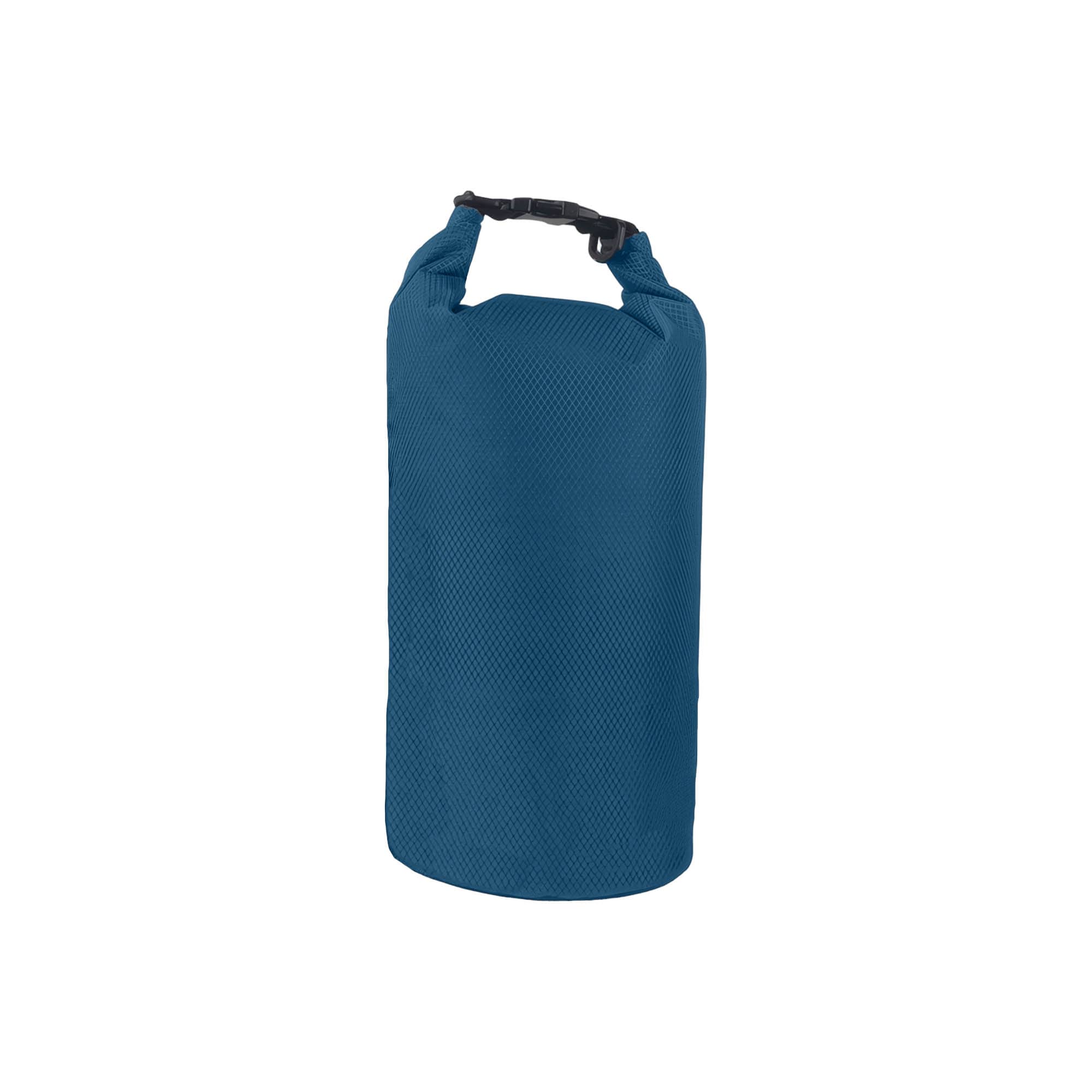 A blue Oxford cloth dry bag with a secure buckle closure at the top and a textured surface.