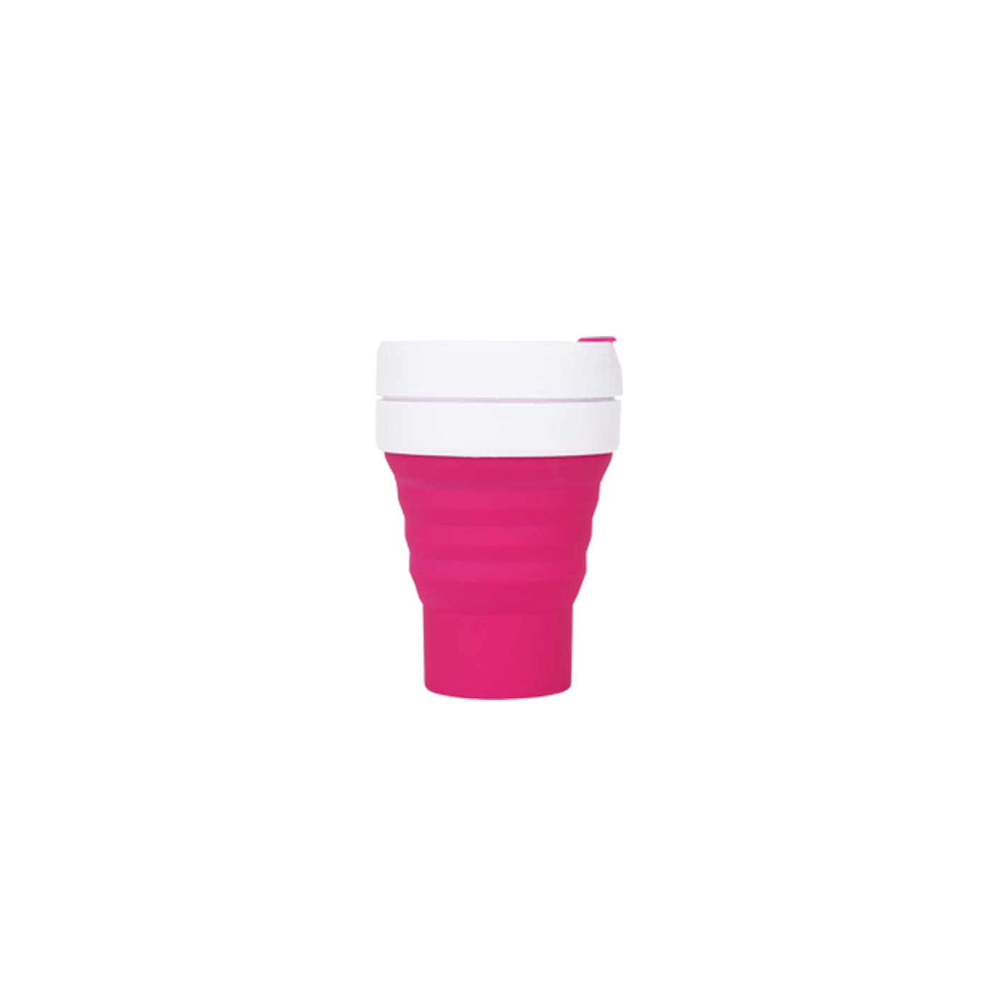 A drink bottle featuring a collapsible design, made of pink silicone with a white lid and logo.