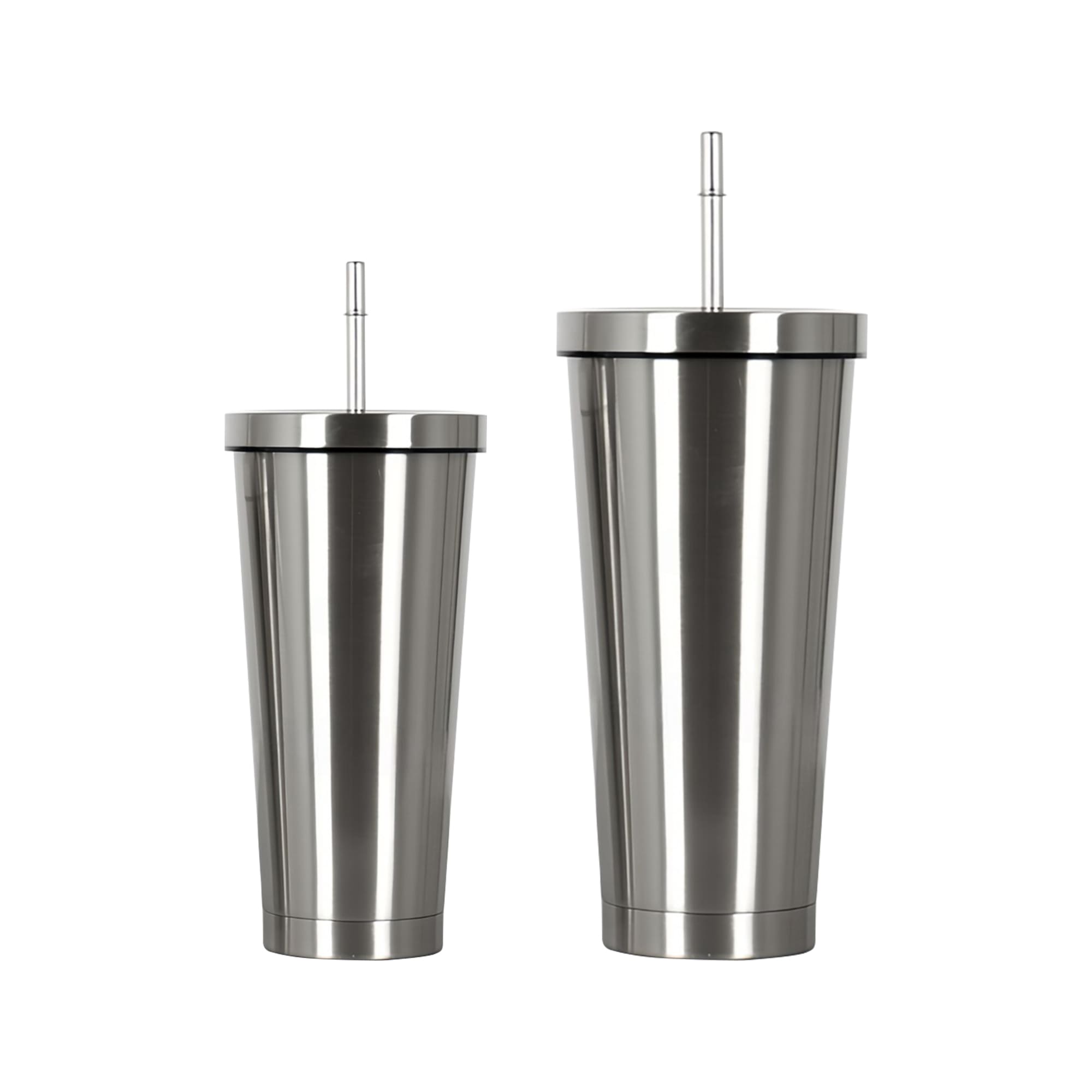 A drink bottle set featuring two double wall stainless steel tumblers in silver with straws.