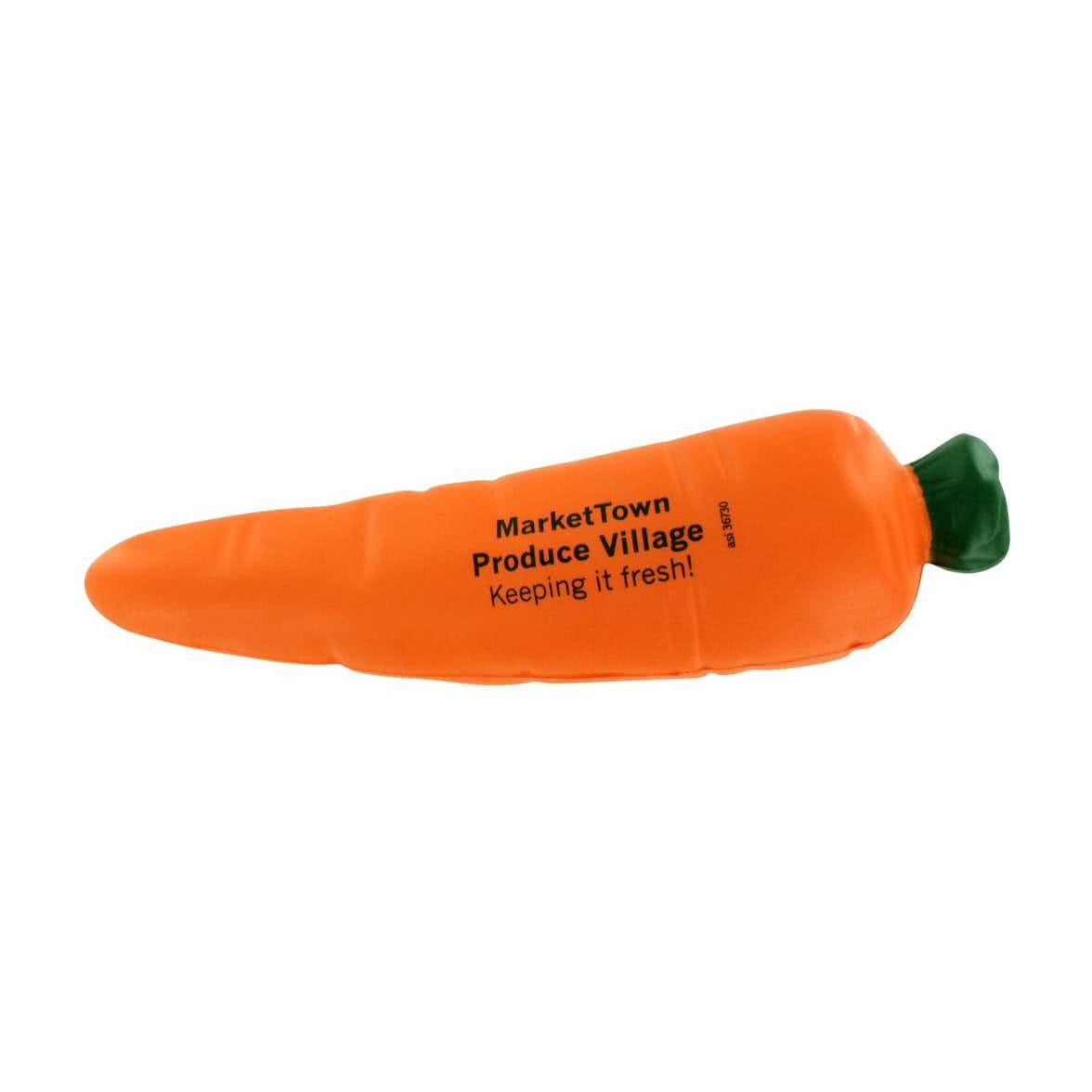 An orange carrot-shaped stress reliever with a green top and a logo on the side.