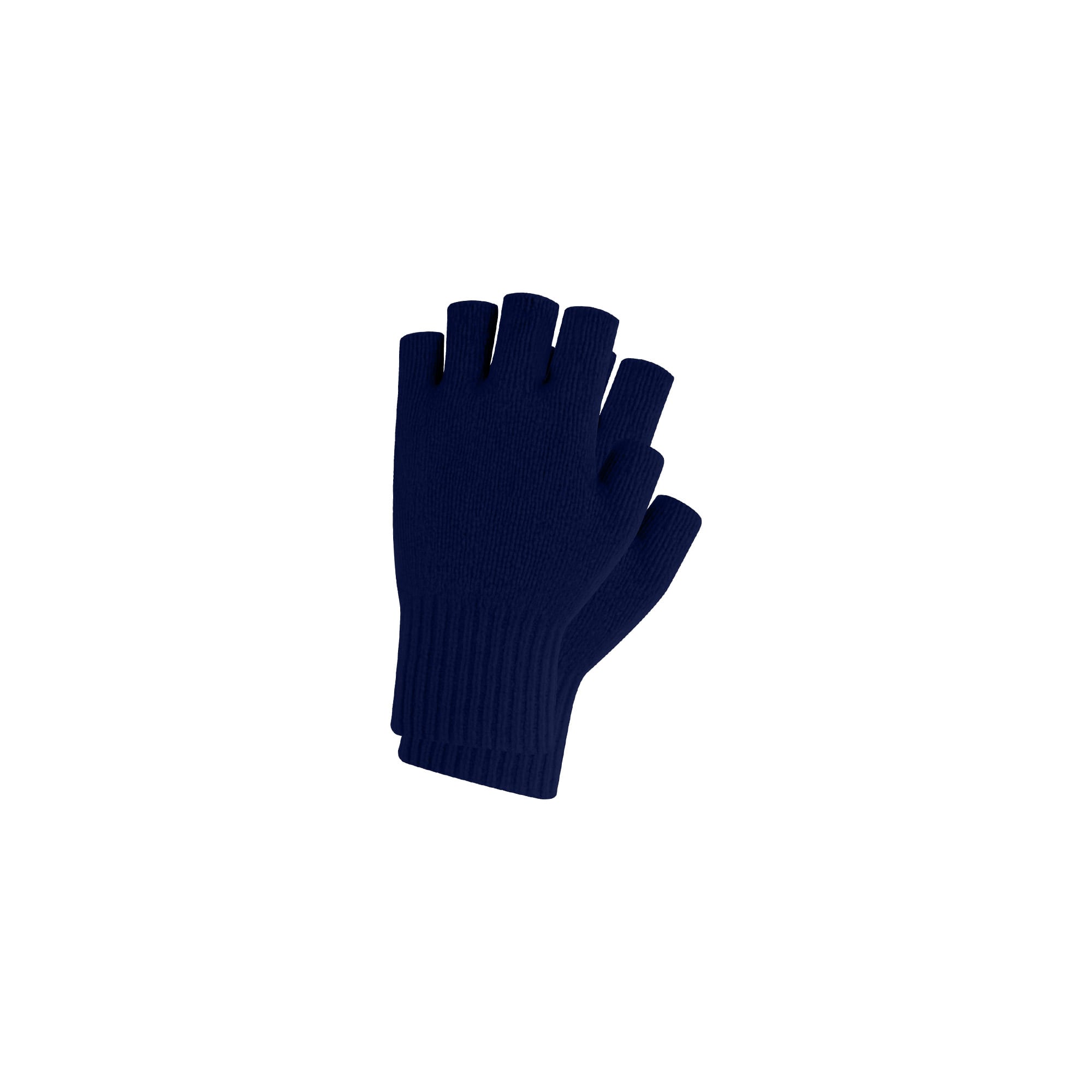 A pair of navy blue knitted fingerless gloves featuring a woven label.