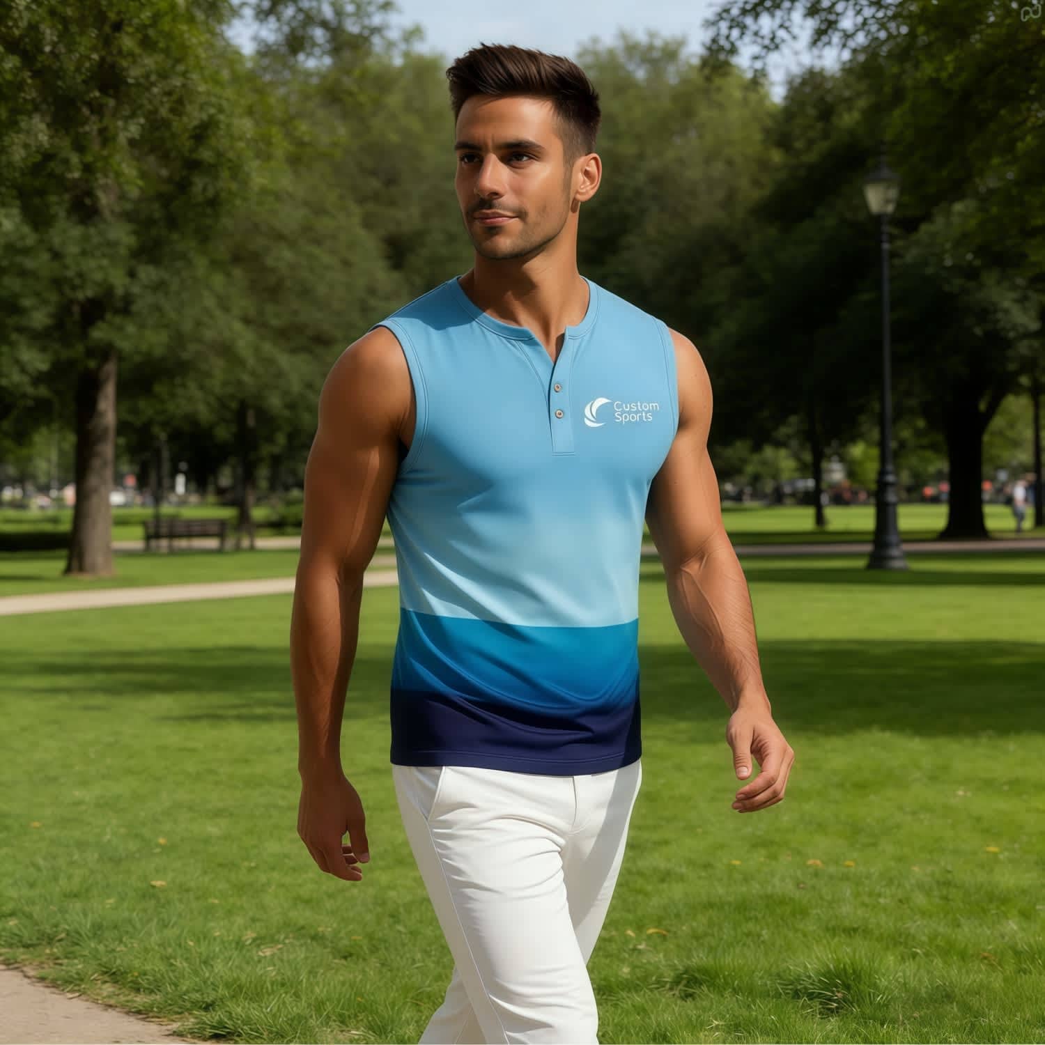 Alternative view of 100% Polyester Micro Mesh Sublimated Small V-Neck Buttoned Singlet